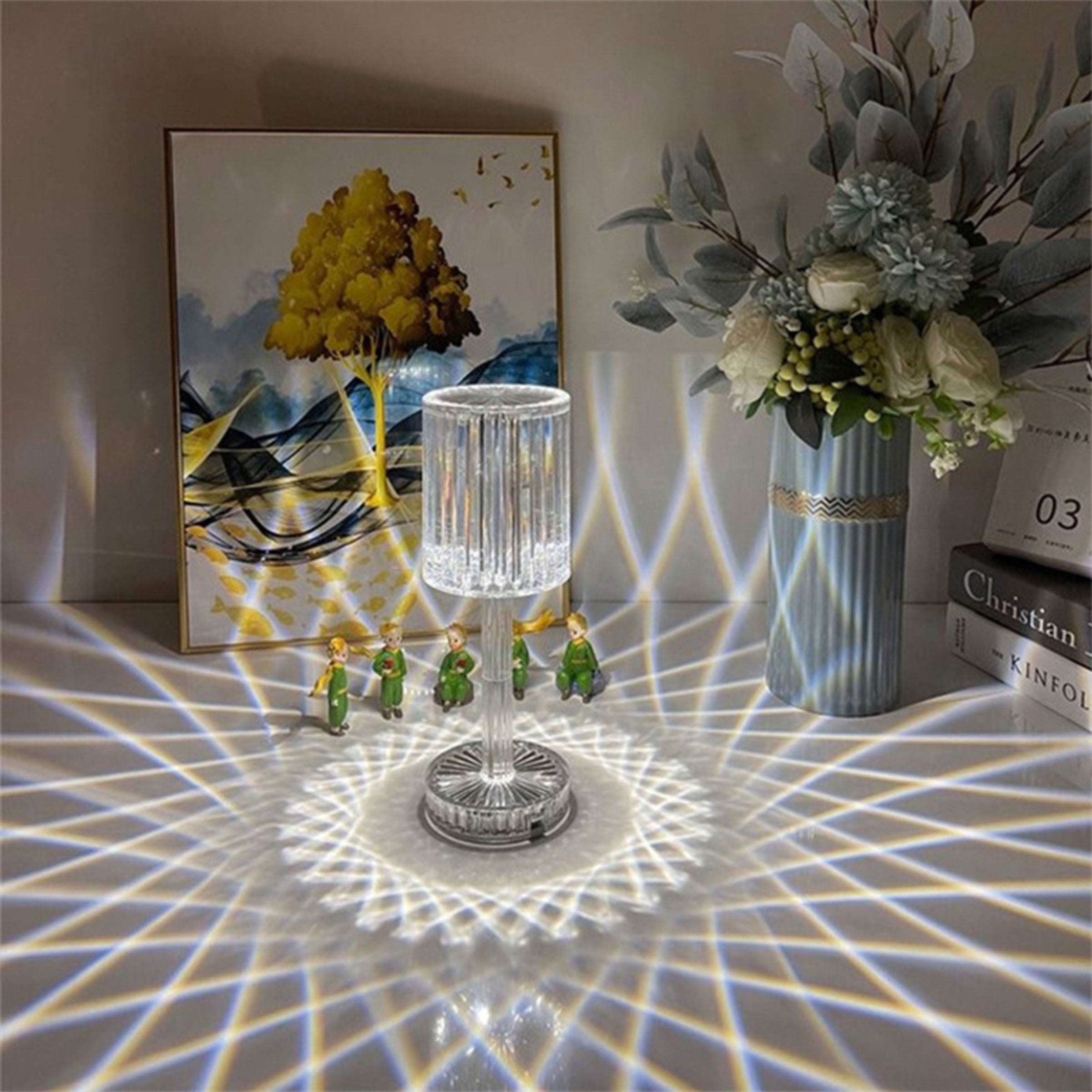 Transparent BEACON night light table lamp on a desk, modern design with a soft glow, perfect for ambient lighting.