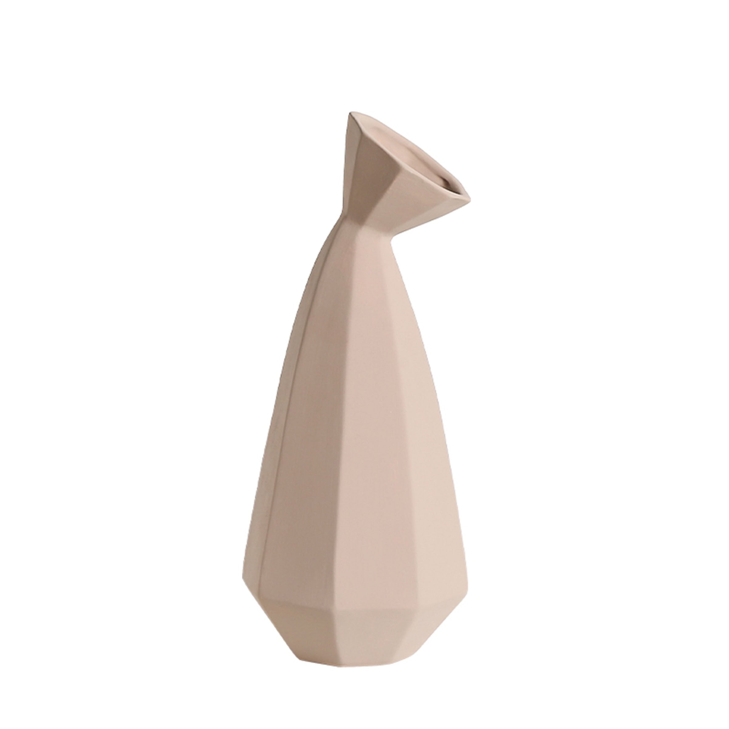 Oblique prismatic ceramic vase by BEACON with geometric design, decorative floral arrangement inside.