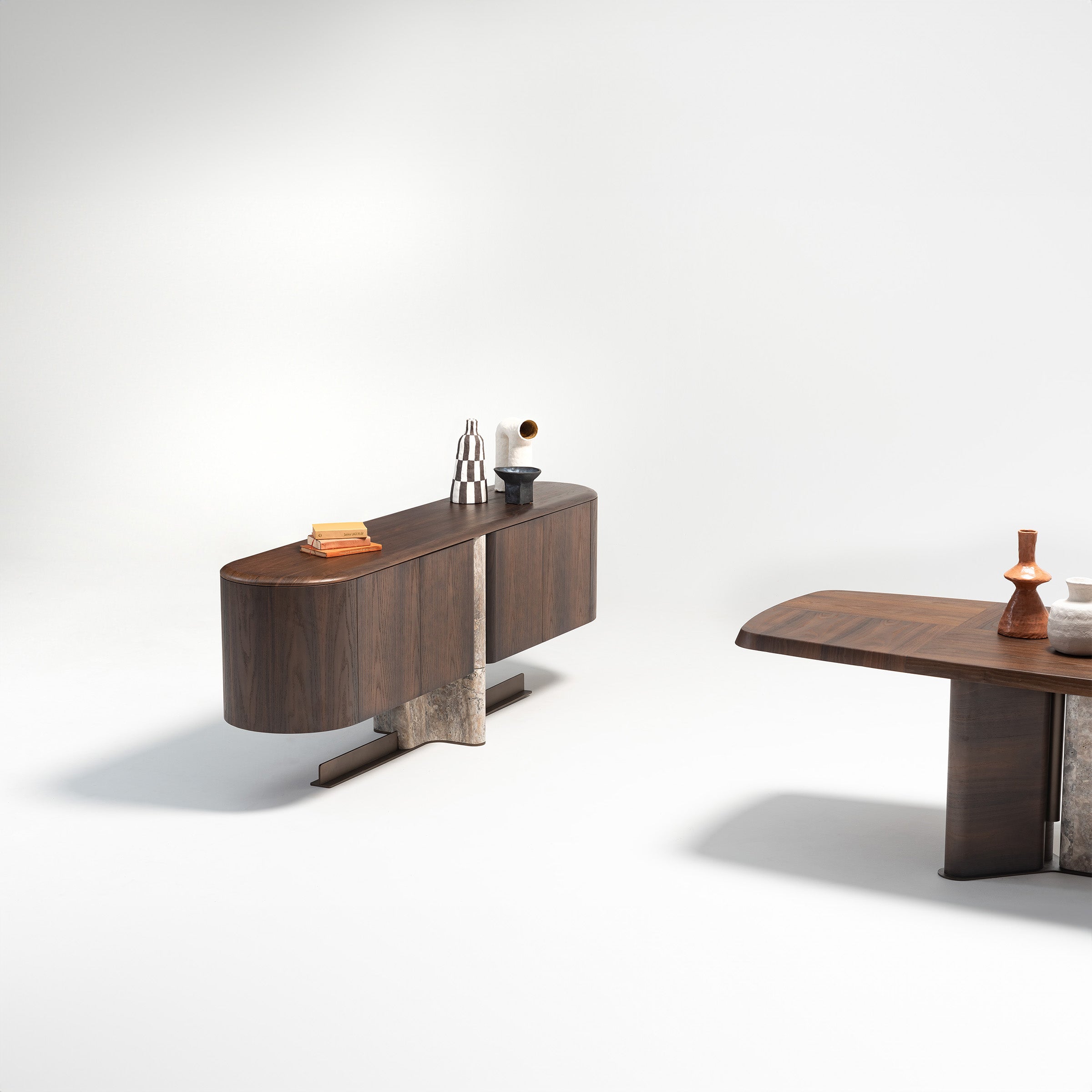 Modern HOMAGE KOLTUK Odeon Console sideboard with sleek wood finish and minimalist design, featuring multiple storage compartments.