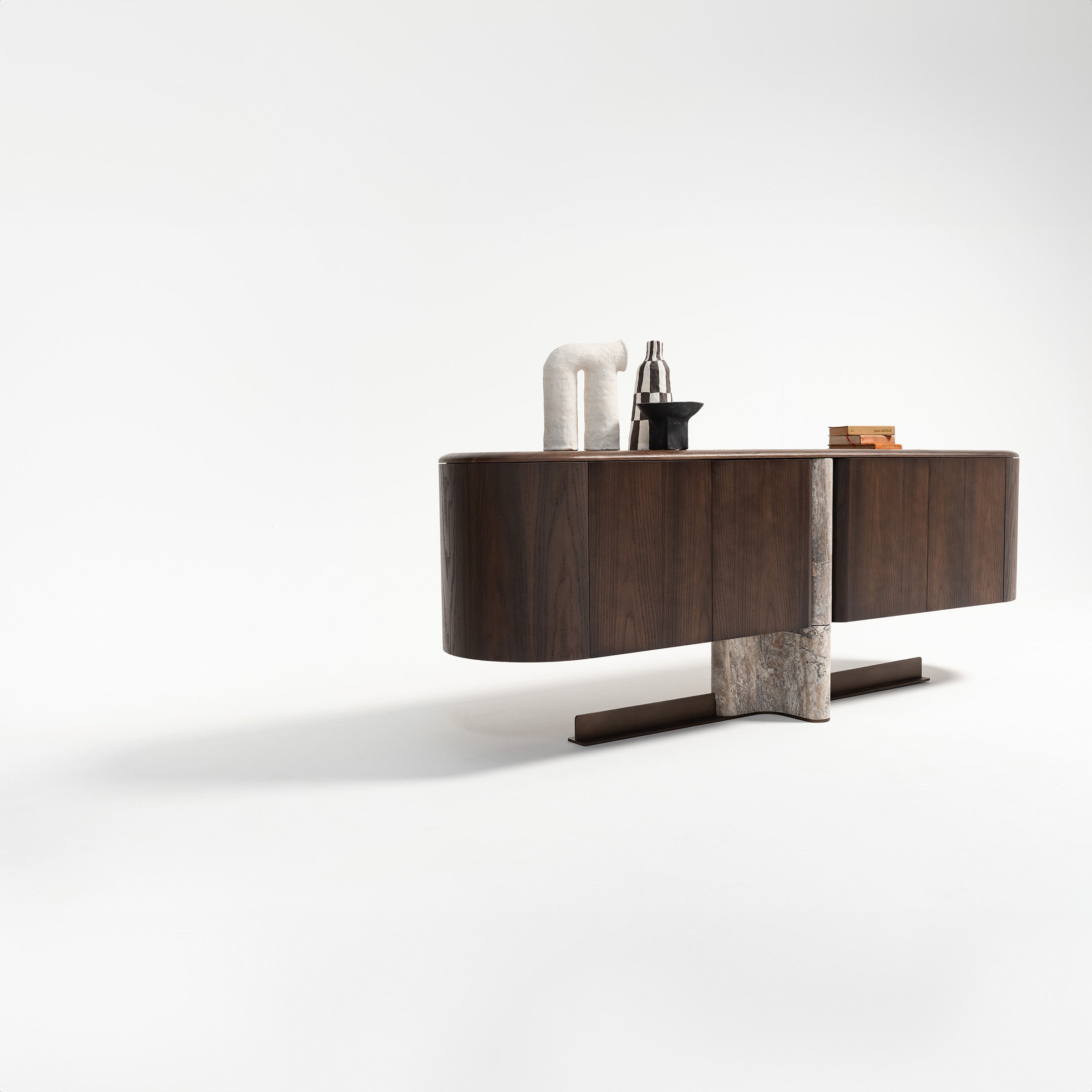 Modern HOMAGE KOLTUK Odeon Console sideboard with sleek design and wood finish, featuring storage drawers and open compartments.