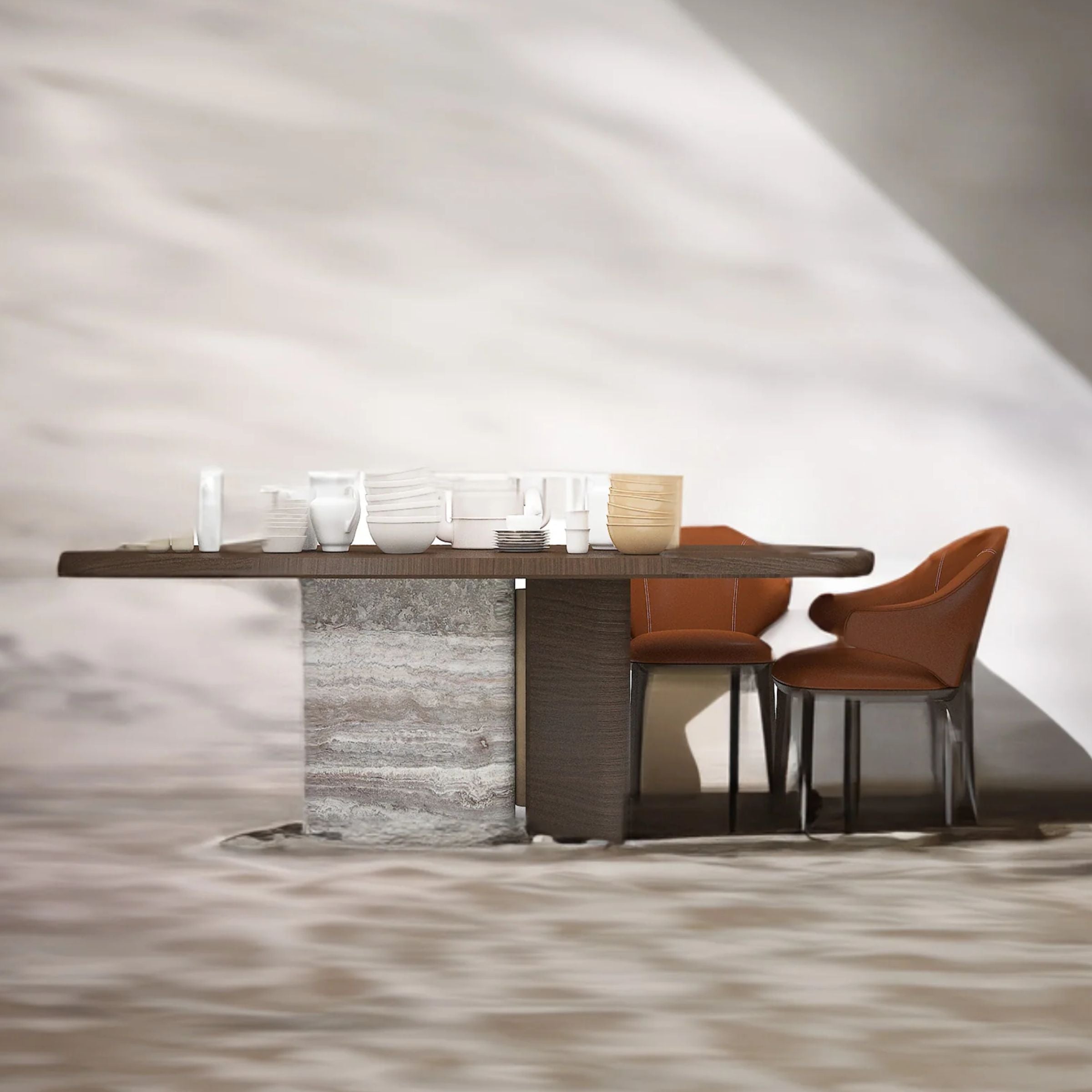HOMAGE KOLTUK Odeon dining table with a sleek wooden surface and modern design, ideal for contemporary dining rooms.