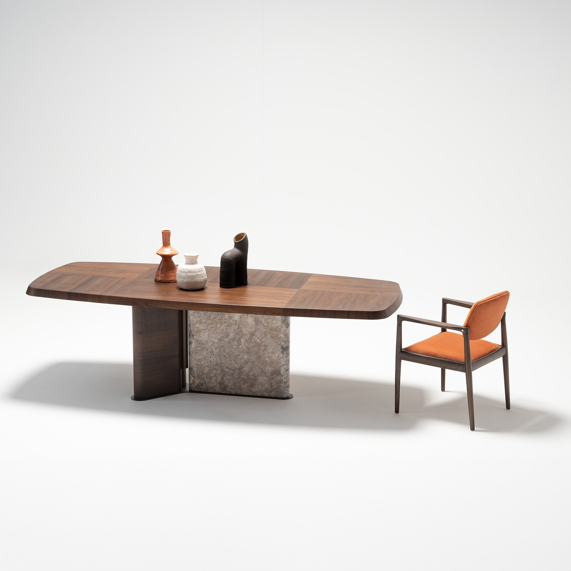 HOMAGE KOLTUK Odeon dining table 2.78 with wooden top and sleek metal legs, perfect for modern dining rooms.