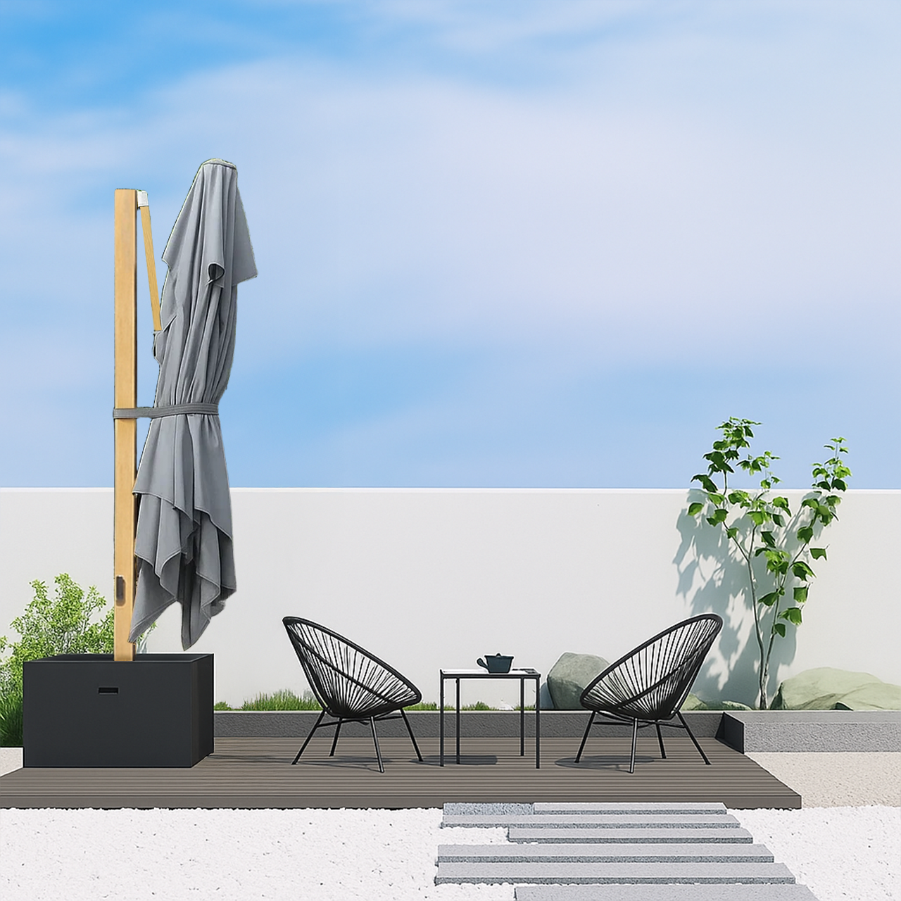 BEACON Opal cantilever outdoor umbrella with sturdy base, featuring a sleek design and adjustable canopy for outdoor shade.