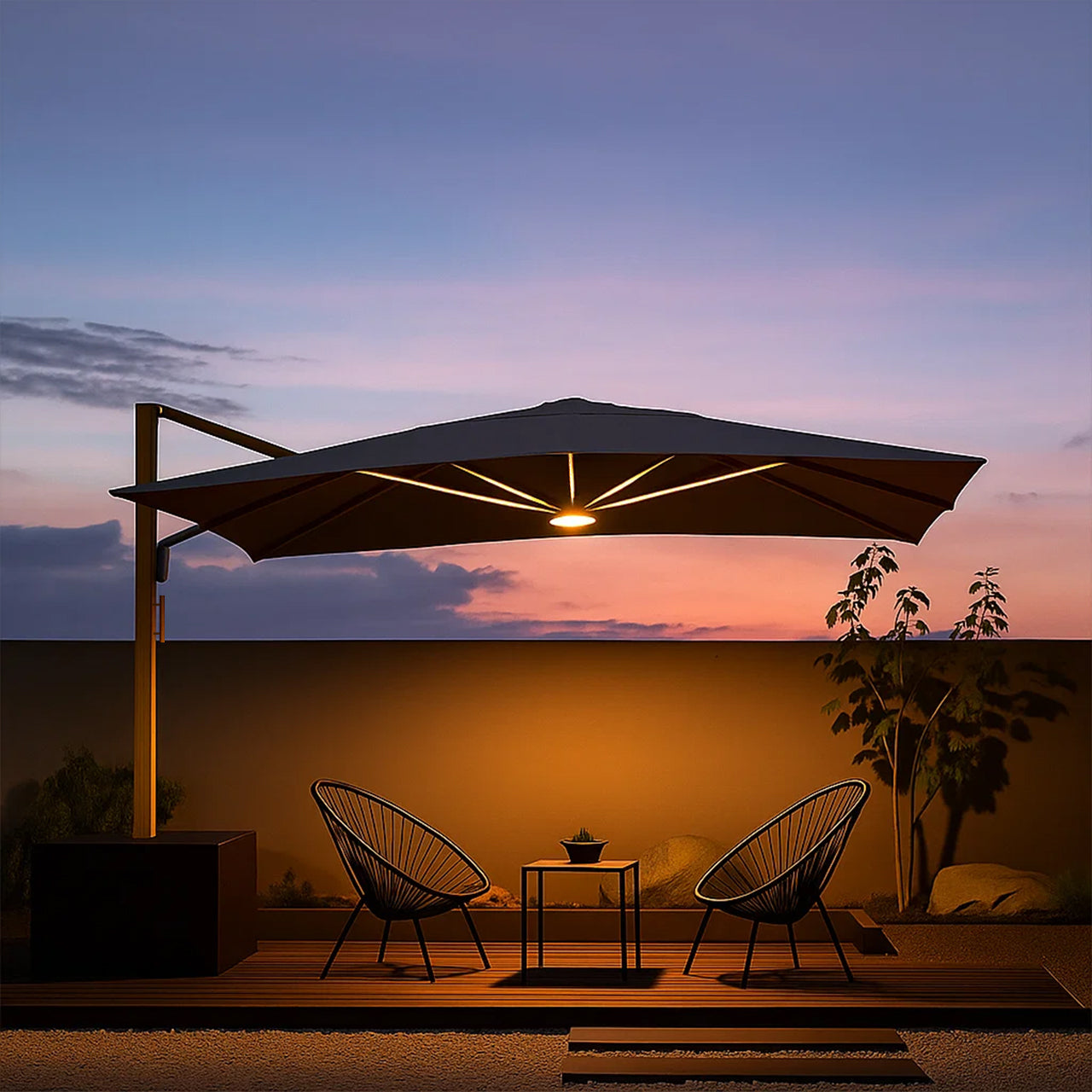 BEACON Opal Cantilever Outdoor Umbrella with matching base, featuring a sleek design and sturdy support for outdoor shading.