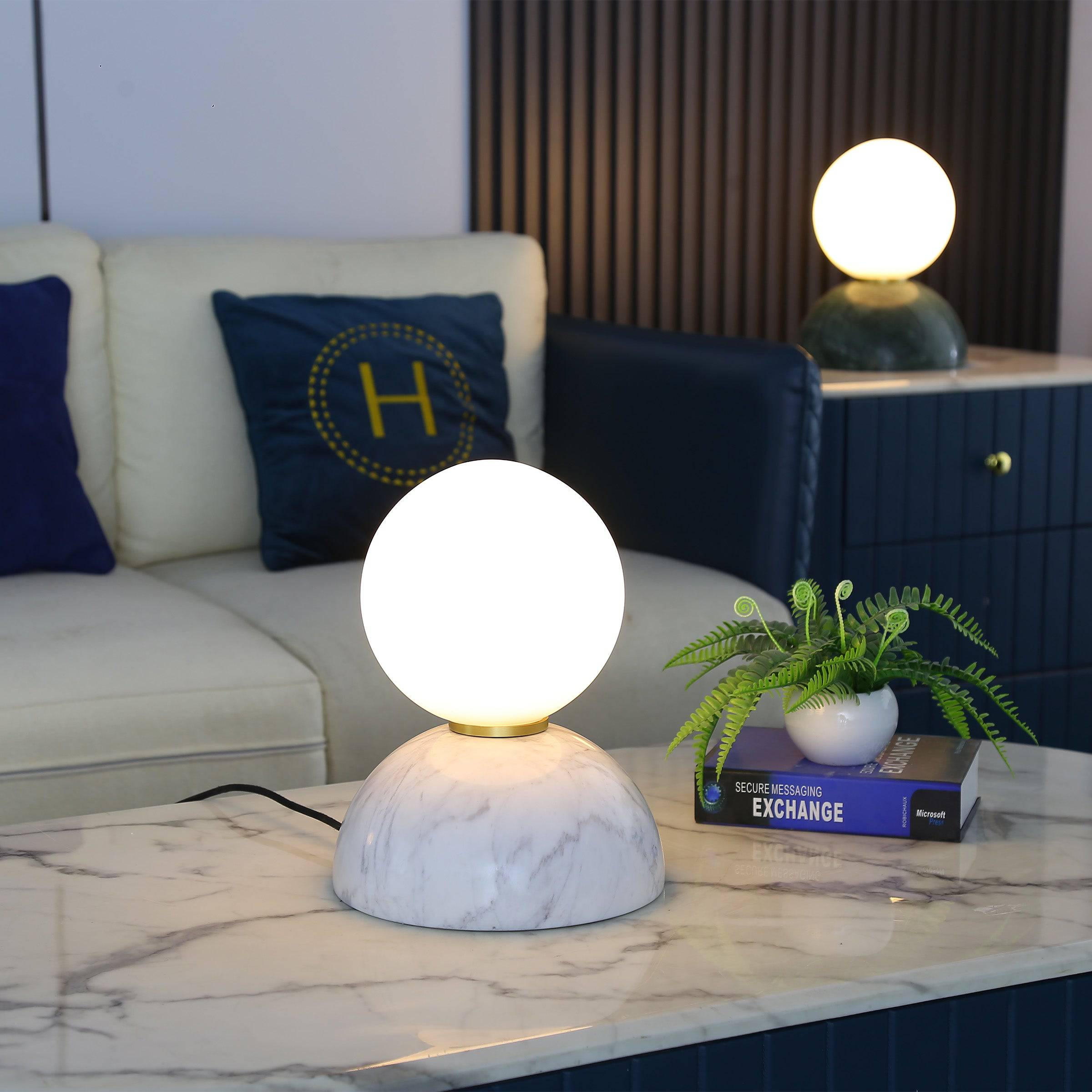 Beacon Civil Opal glass shade table lamp with white marble base, stylish desk or table lighting for modern interiors.