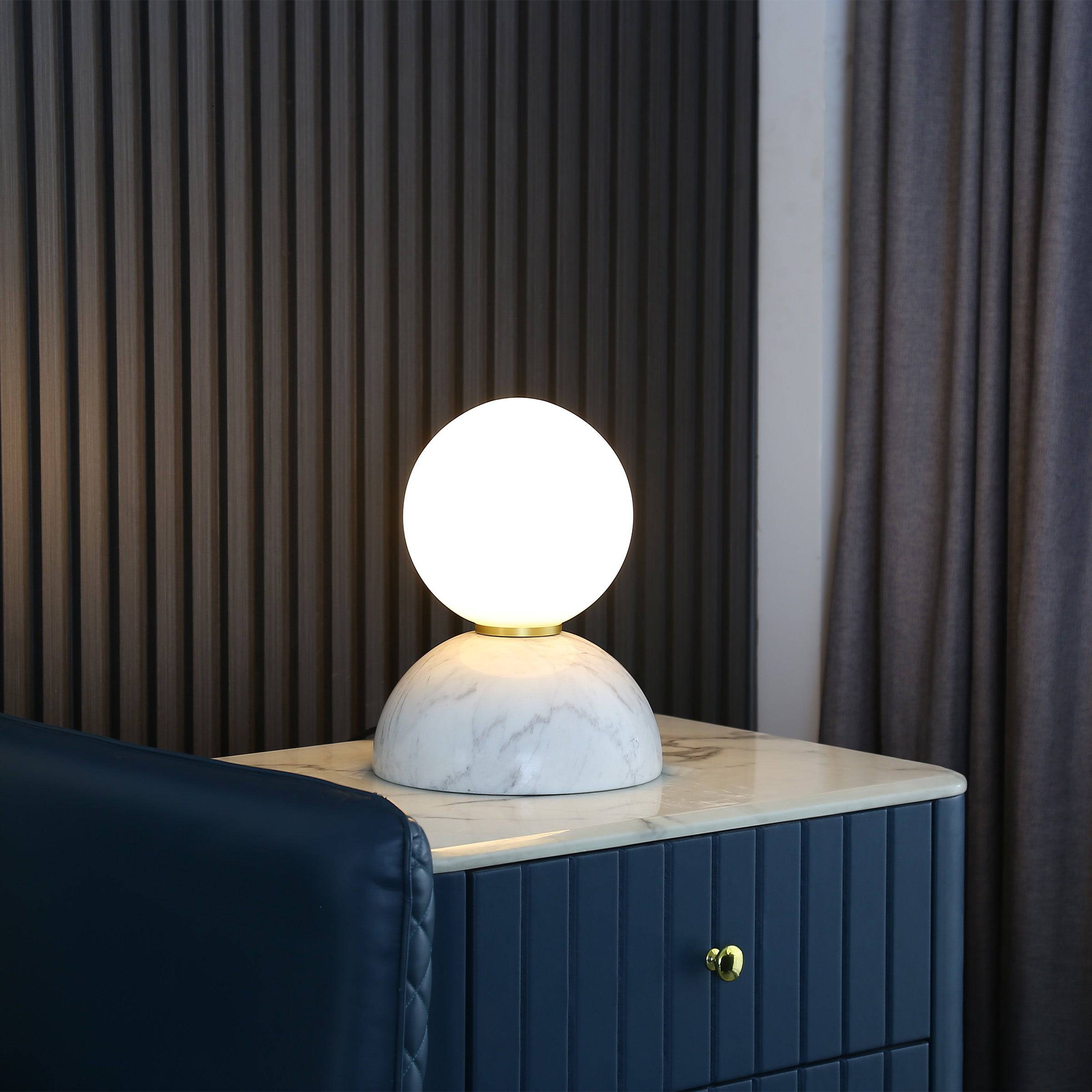 Opal glass shade with white marble base table lamp by Beacon Civil, perfect for desk or table lighting.