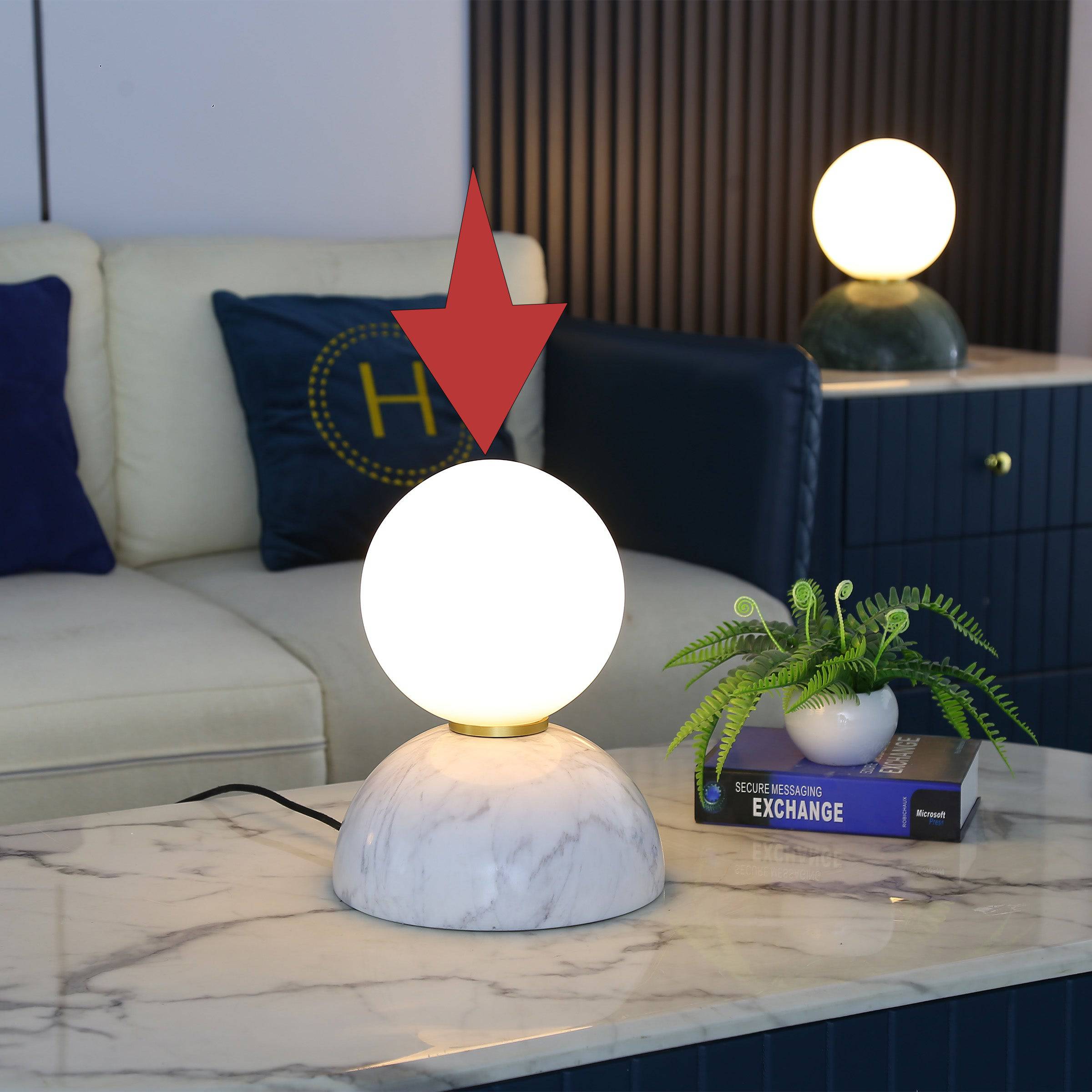 Beacon Civil Opal glass shade table lamp with white marble base, perfect for desk or bedside lighting.