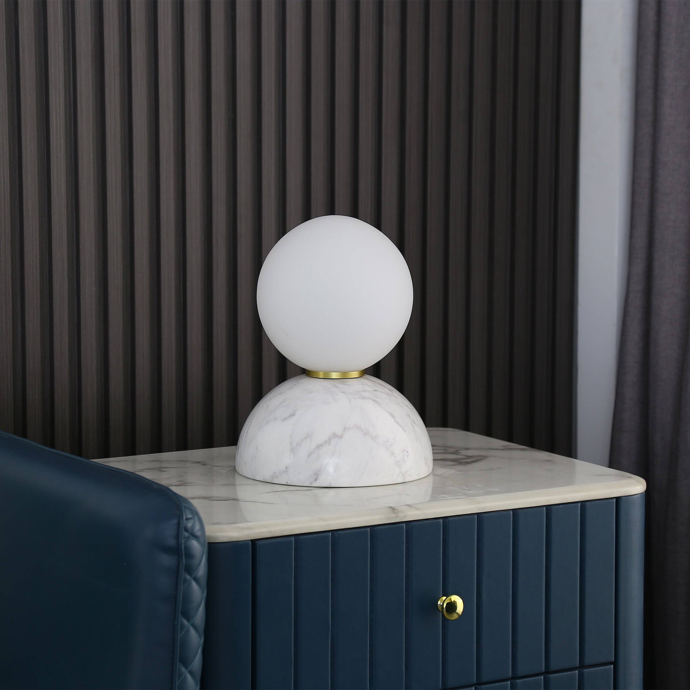 Beacon CIVIL opal glass shade desk lamp with white marble base, modern table lamp for reading or decor.