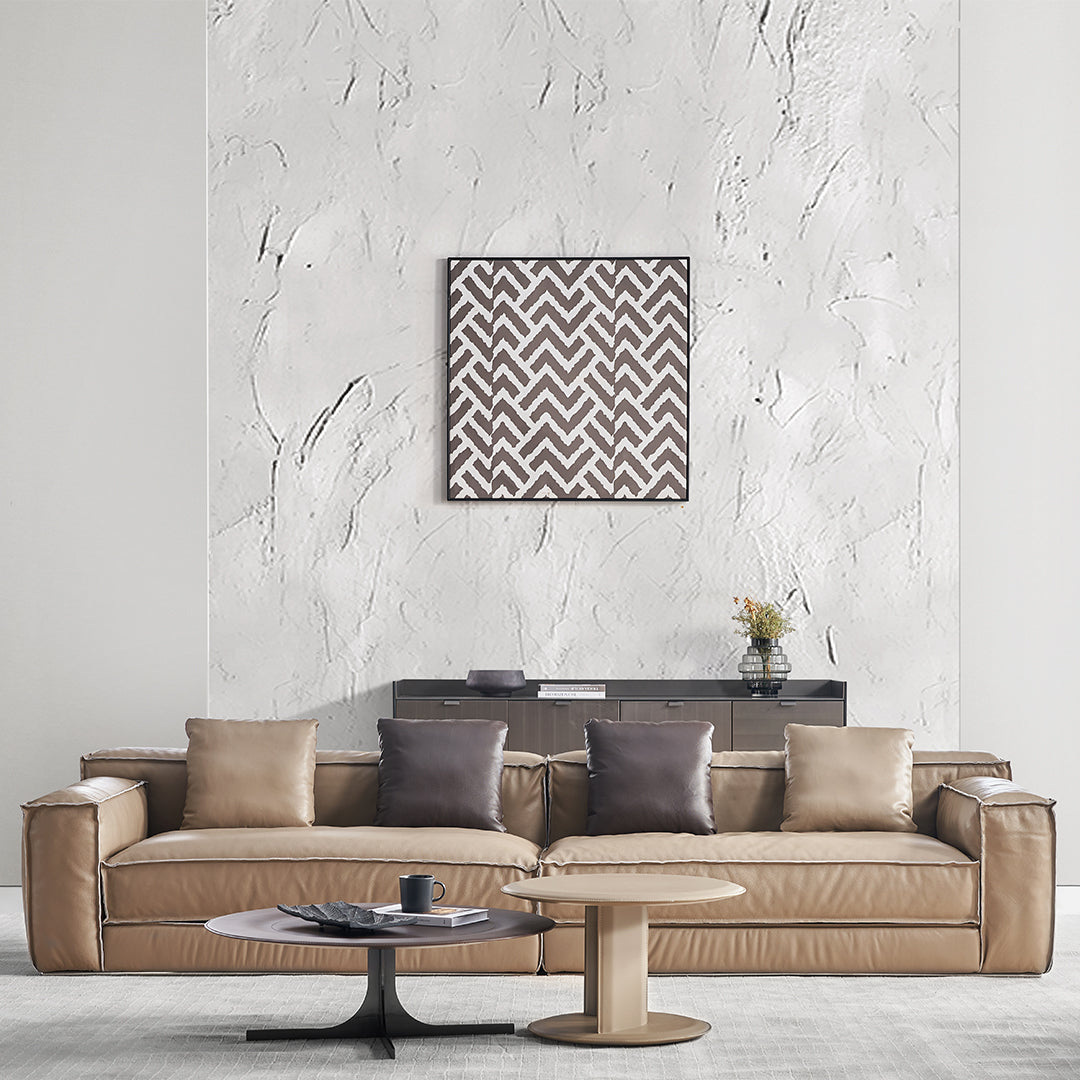 Orbit Lux brown saddle leather coffee table by BEACON with a sleek modern design and smooth leather surface.