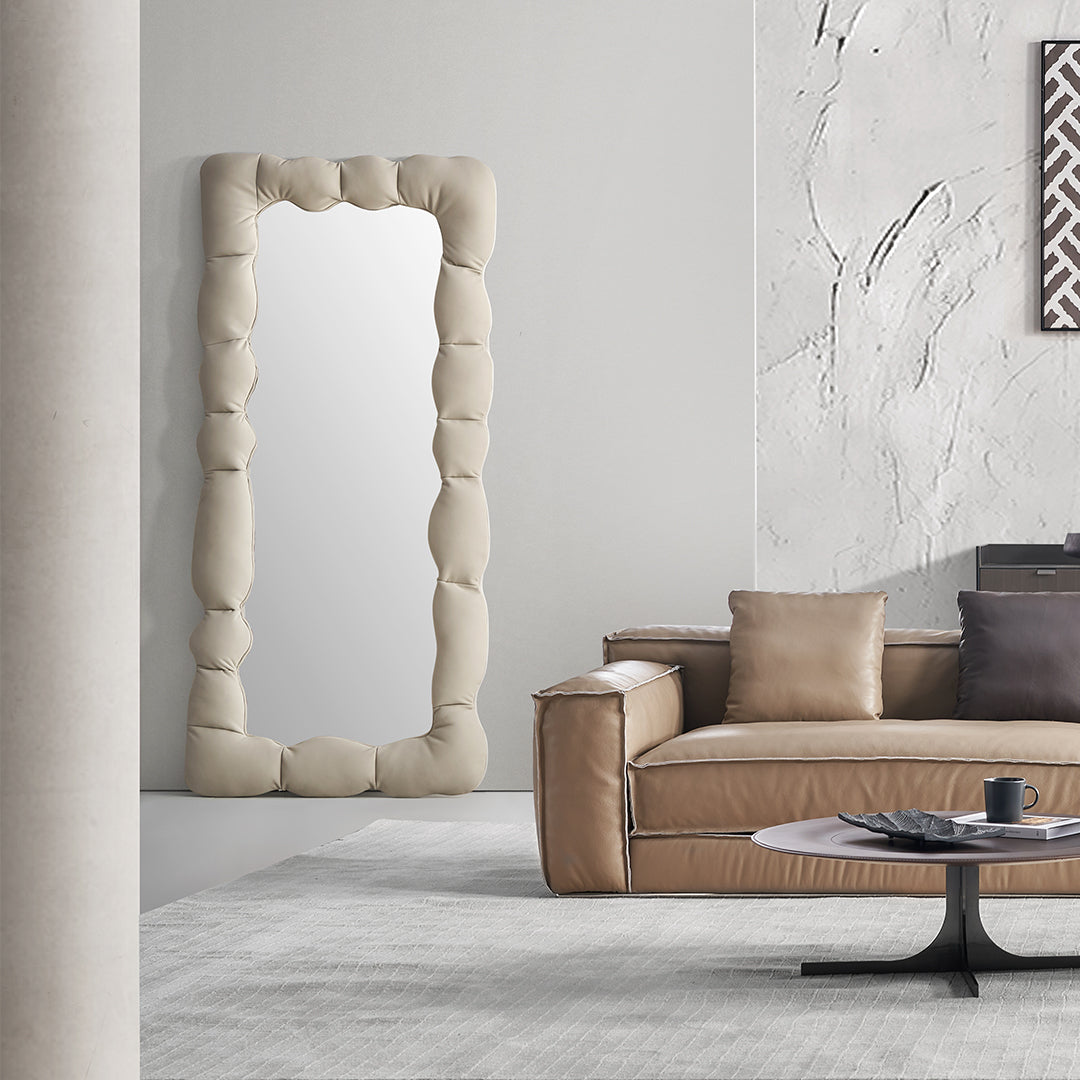 BEACON Orbit Lux Brown Saddle Leather Coffee Table with sleek wooden legs and modern design, perfect for living room decor.