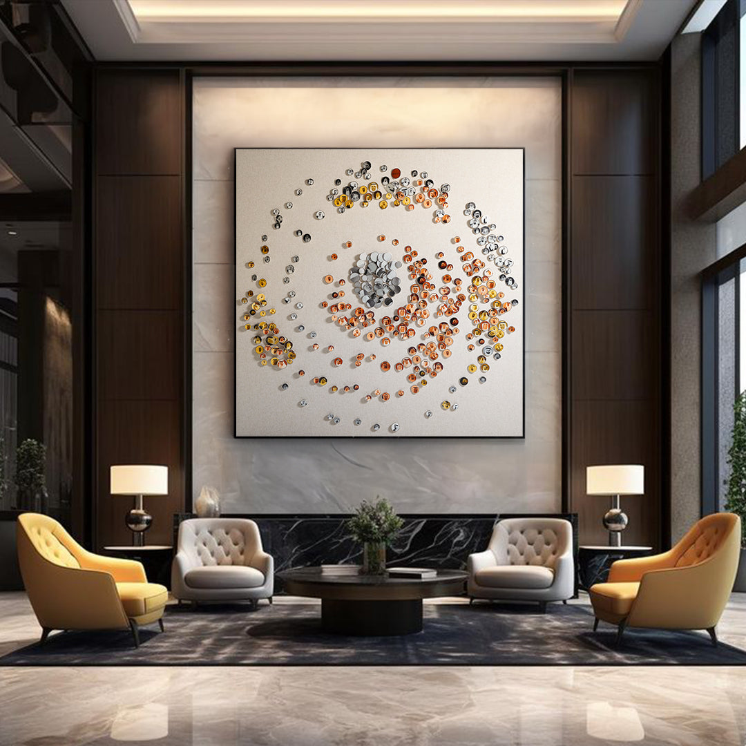 Handmade UAE-inspired wall art titled "Orbital Echoes" by BEACON, featuring intricate circular patterns on a 2000x2000 mm canvas.