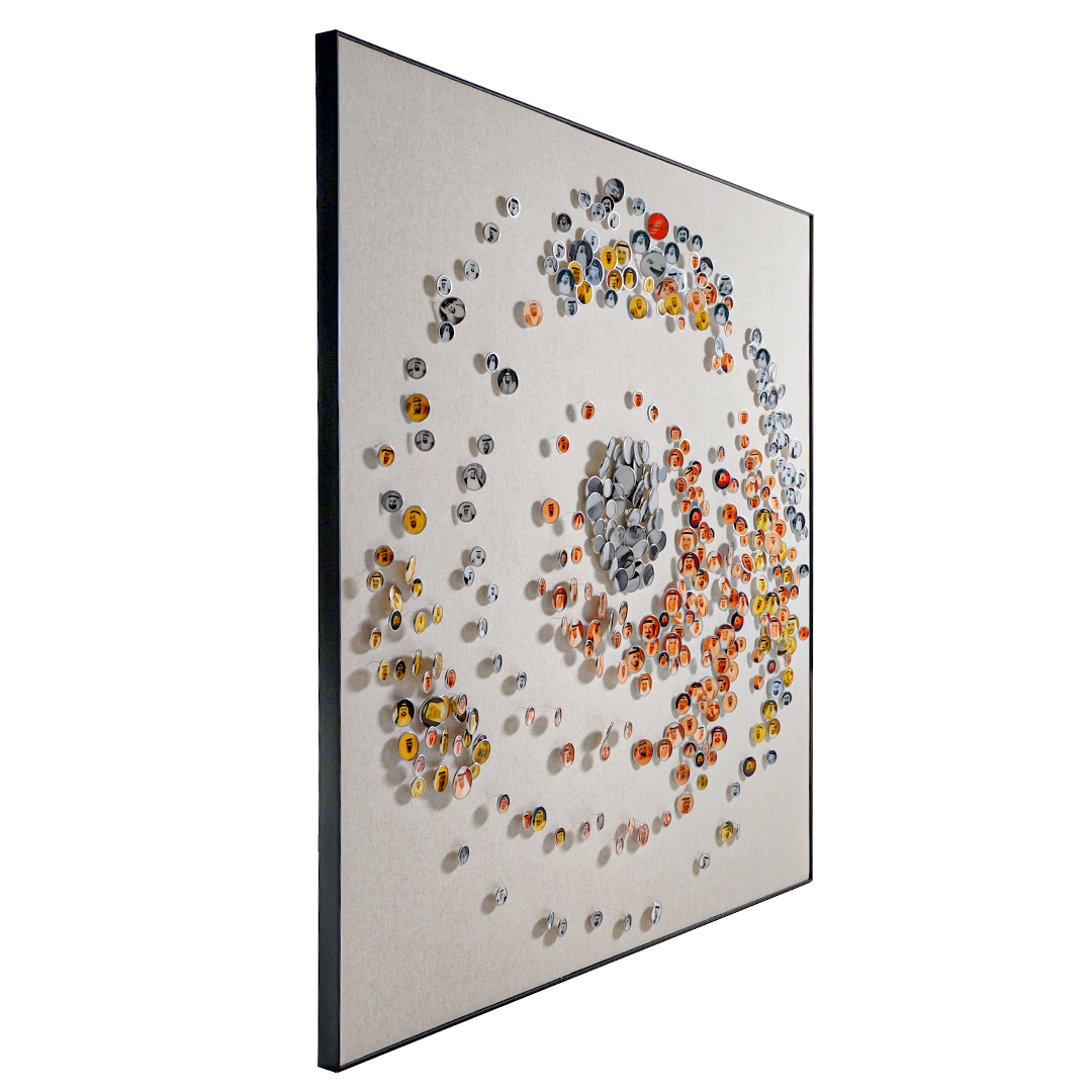 UAE handmade wall art titled Orbital Echoes, featuring intricate geometric patterns in shades of blue and gold, by BEACON (TYDG).