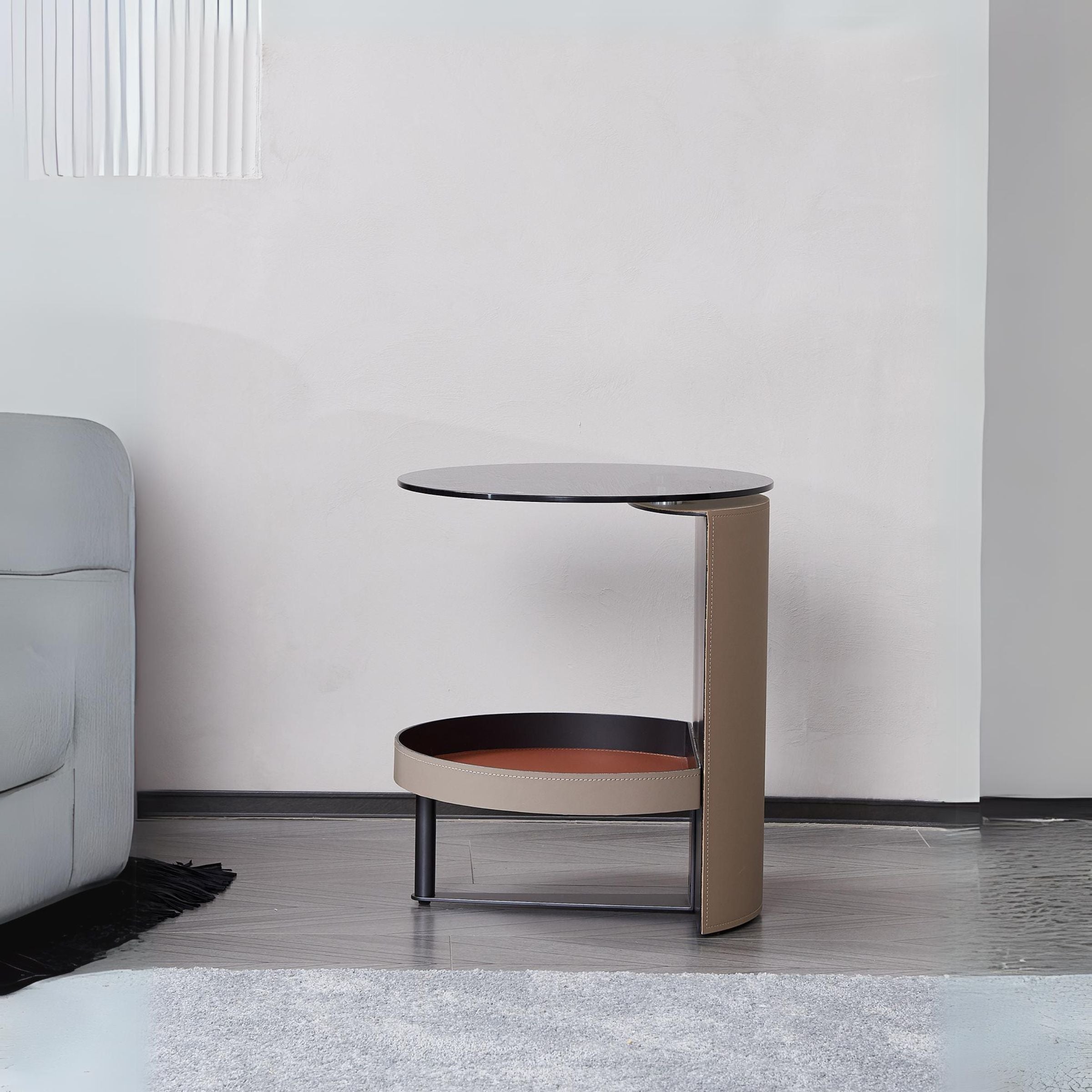 Organic round side table by BEACON, featuring a sleek wooden top and sturdy metal legs, ideal for modern living spaces.