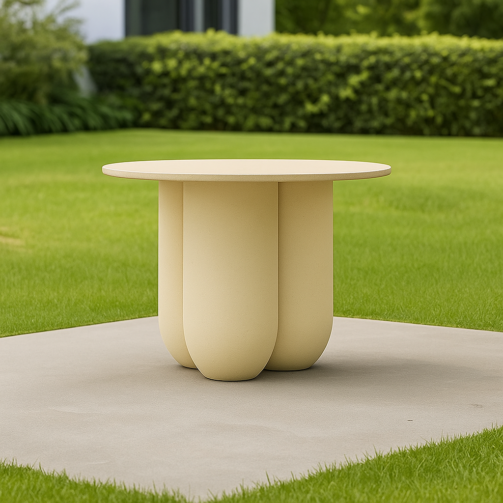 Beige fiberglass outdoor dining table by BEACON, suitable for indoor and outdoor use, with a sleek rectangular design.