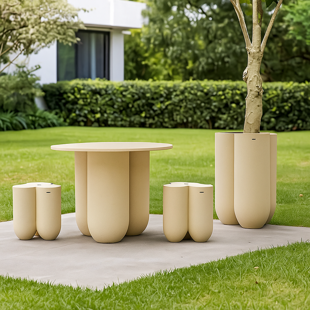 Beige fiberglass outdoor/indoor dining table by BEACON with a rectangular top and sturdy legs, suitable for patio or indoor use.