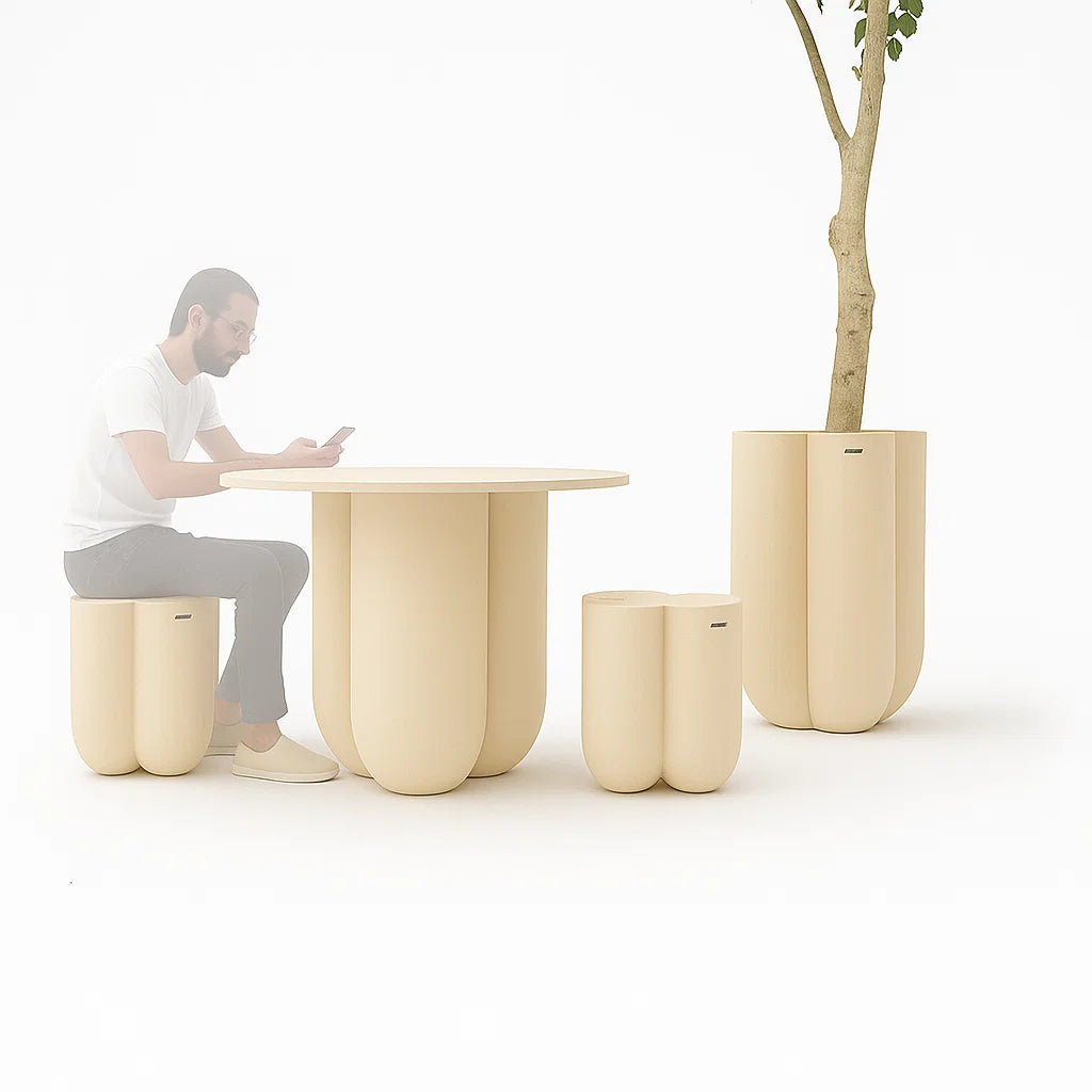 Beige fiberglass outdoor/indoor dining table by BEACON, designed for versatile use and modern outdoor furniture style.