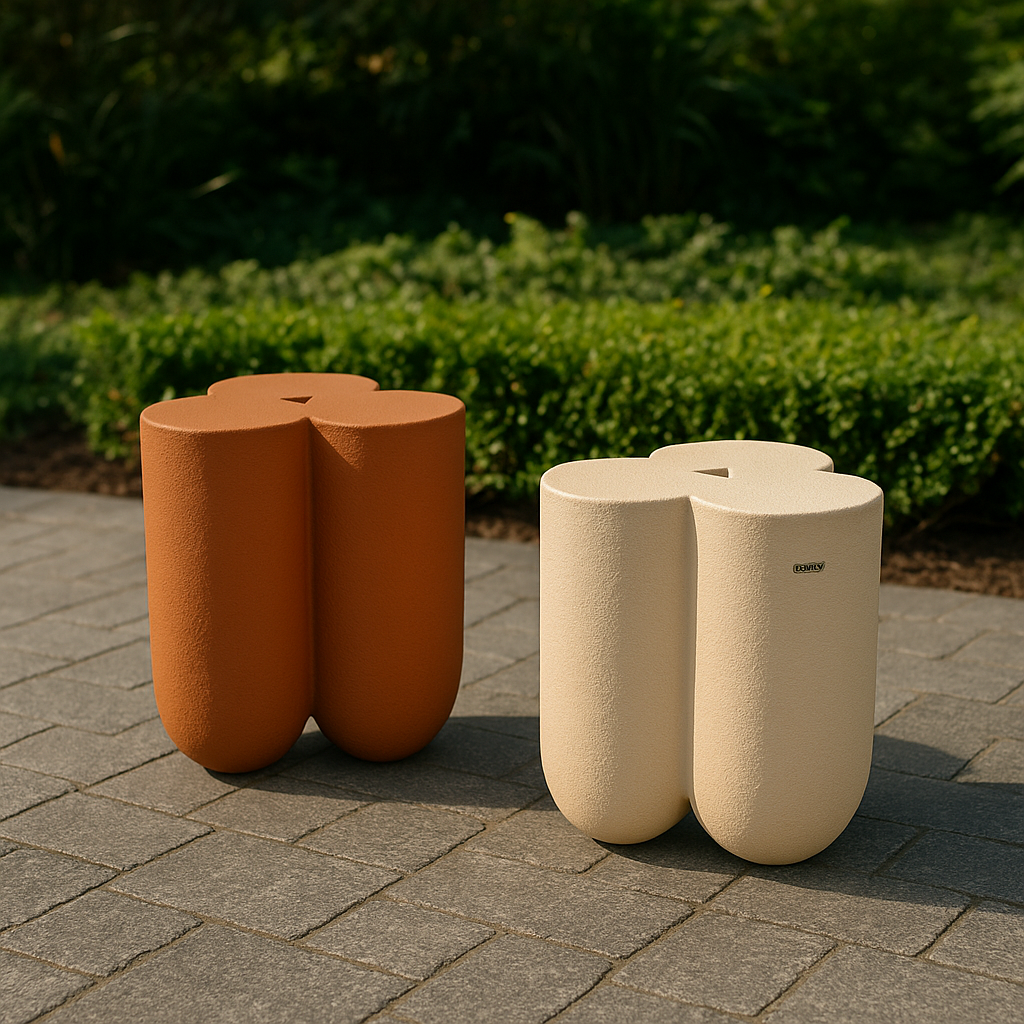 BEACON clay pouf for outdoor and indoor seating, round, textured, beige-colored fabric, versatile and stylish indoor/outdoor furniture.