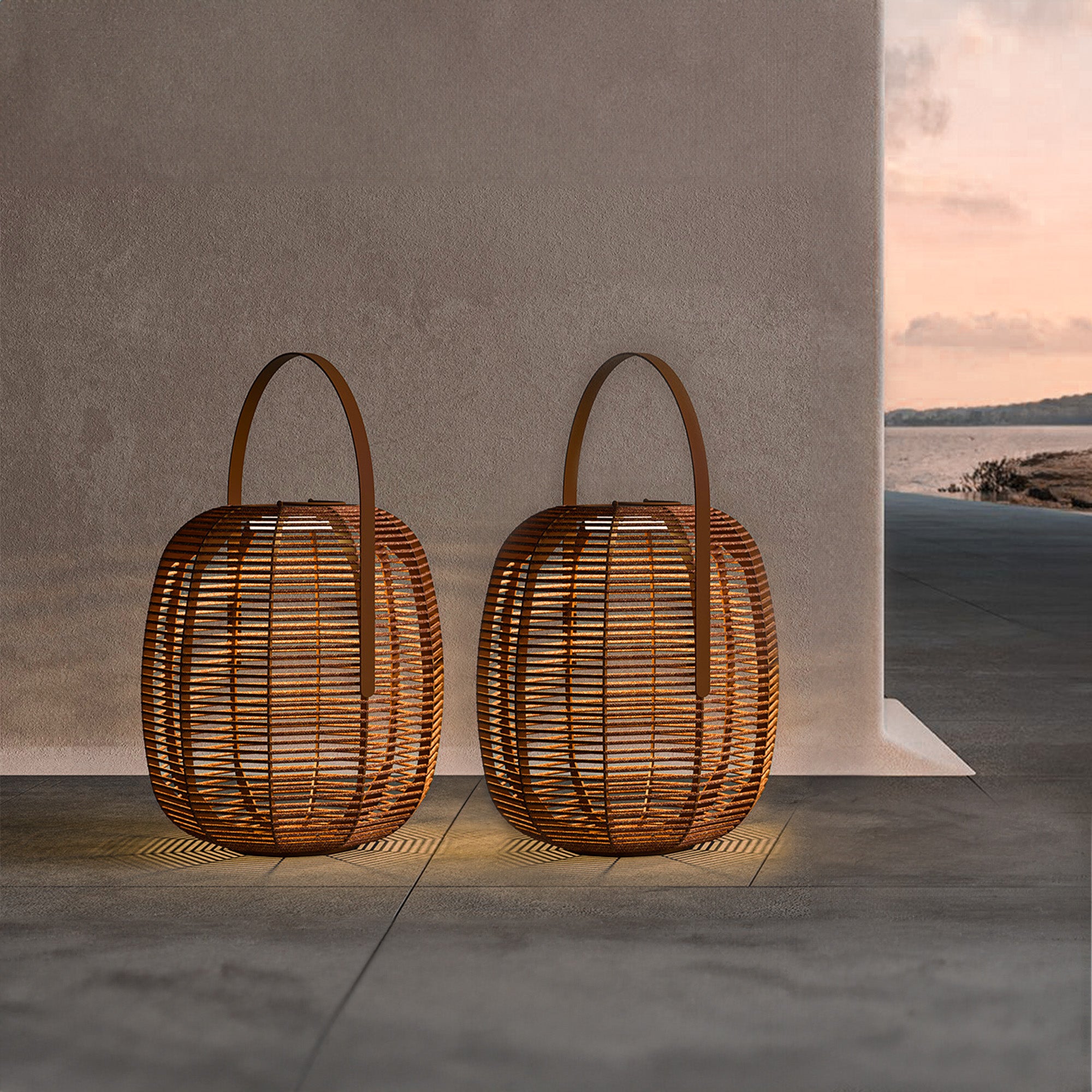 Outdoor solar lamp with orange rope, 29x45cm, from BEACON Smart Outdoors, featuring weather-resistant design and ambient lighting.