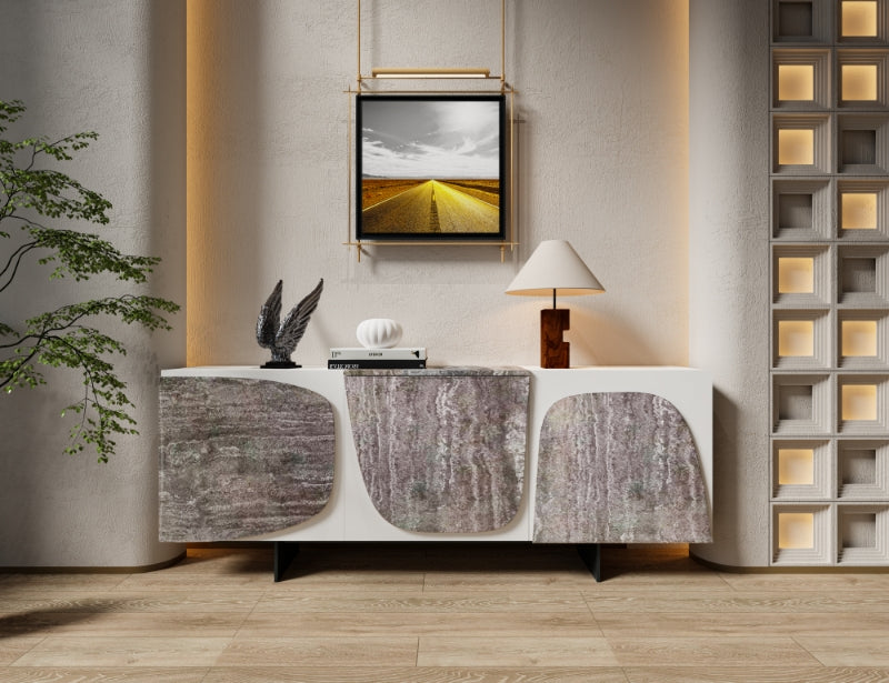 A 200cm travertine sideboard from A2STONE, featuring a sleek modern design with smooth surface and wooden legs.