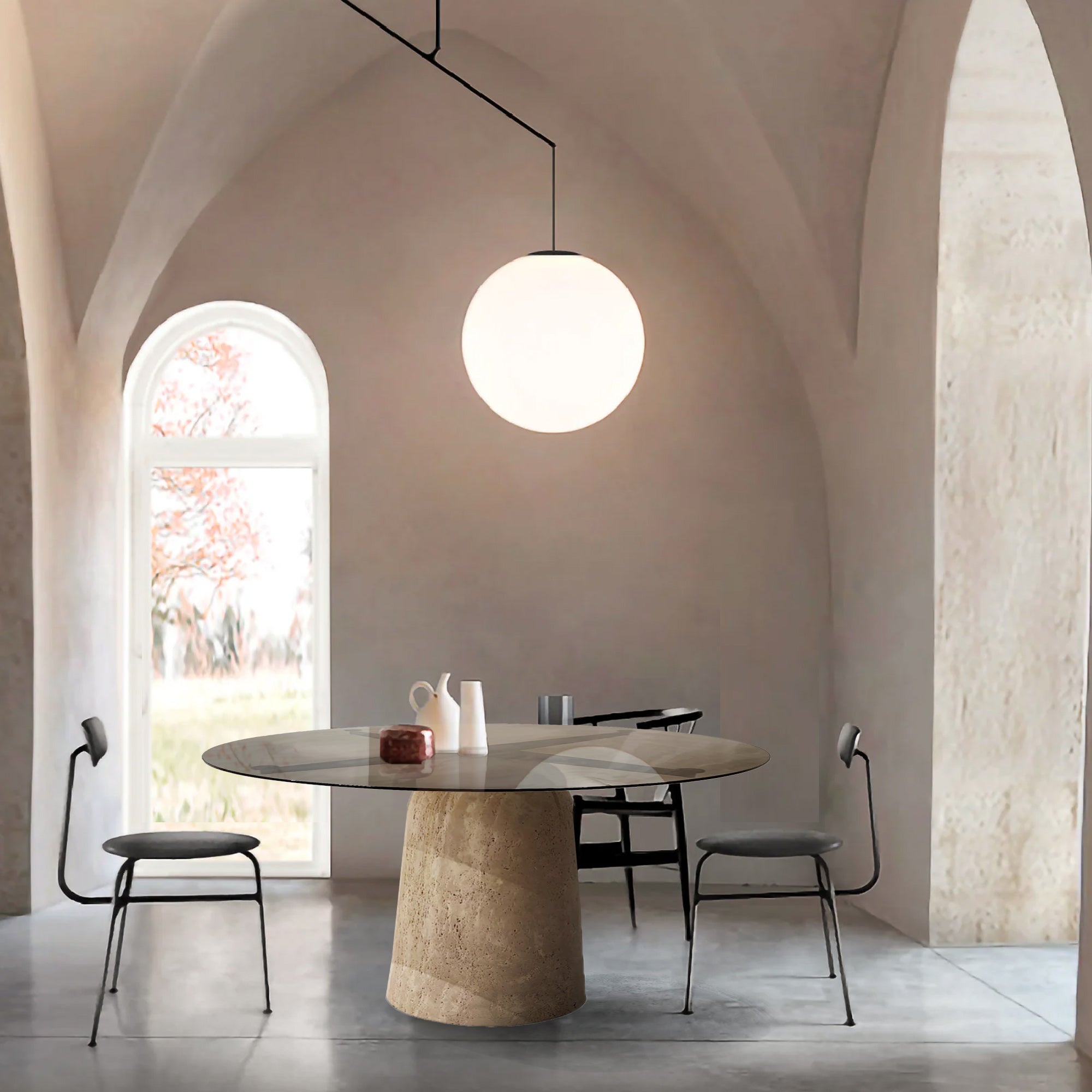 Panorama Glass/Travertine 120cm Dining Table - EB10DT -  Dining Tables - ebarza Furniture UAE | Shop Modern Furniture in Abu Dhabi & Dubai - مفروشات ايبازرا في الامارات | تسوق اثاث عصري وديكورات مميزة في دبي وابوظبي