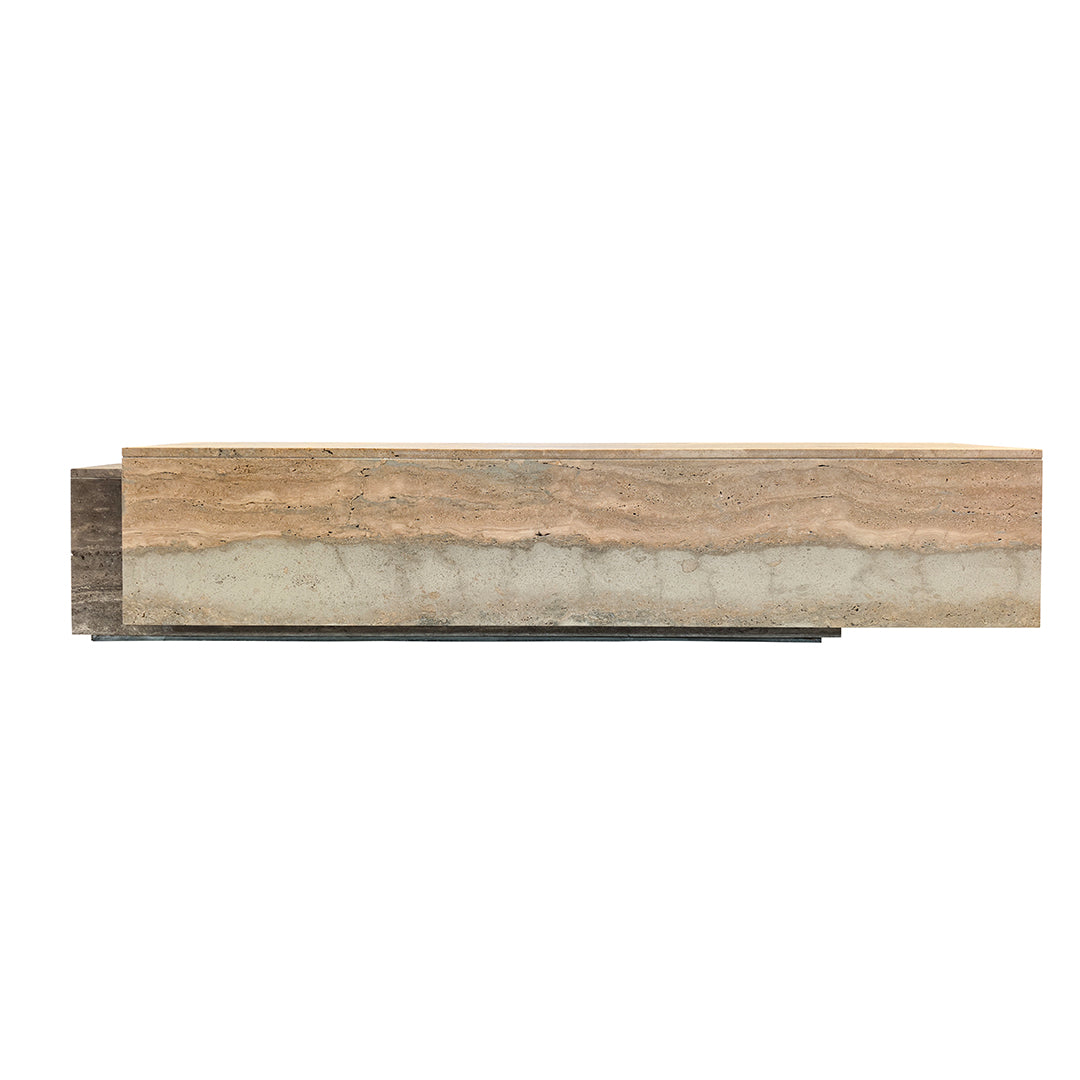 AquaStone Petra Travertine Bench and Side Table with sleek rectangular design and natural travertine surface.