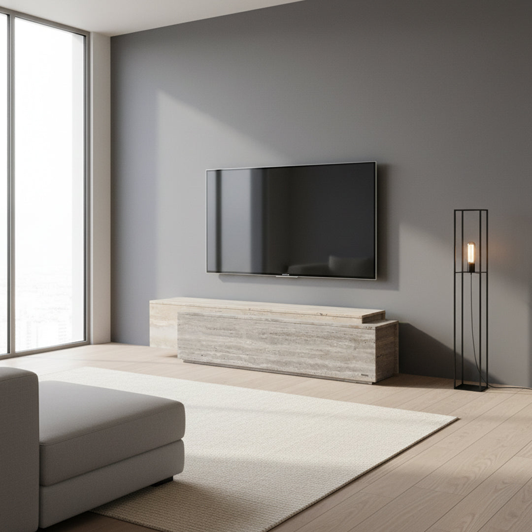 A2STONE Petra Travertine Bench and Side Table with sleek rectangular design and natural stone finish.
