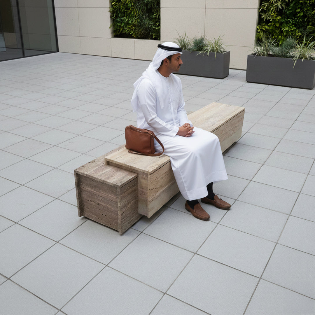 A2STONE Petra Travertine bench and side table with sleek, natural stone surface and sturdy rectangular design.