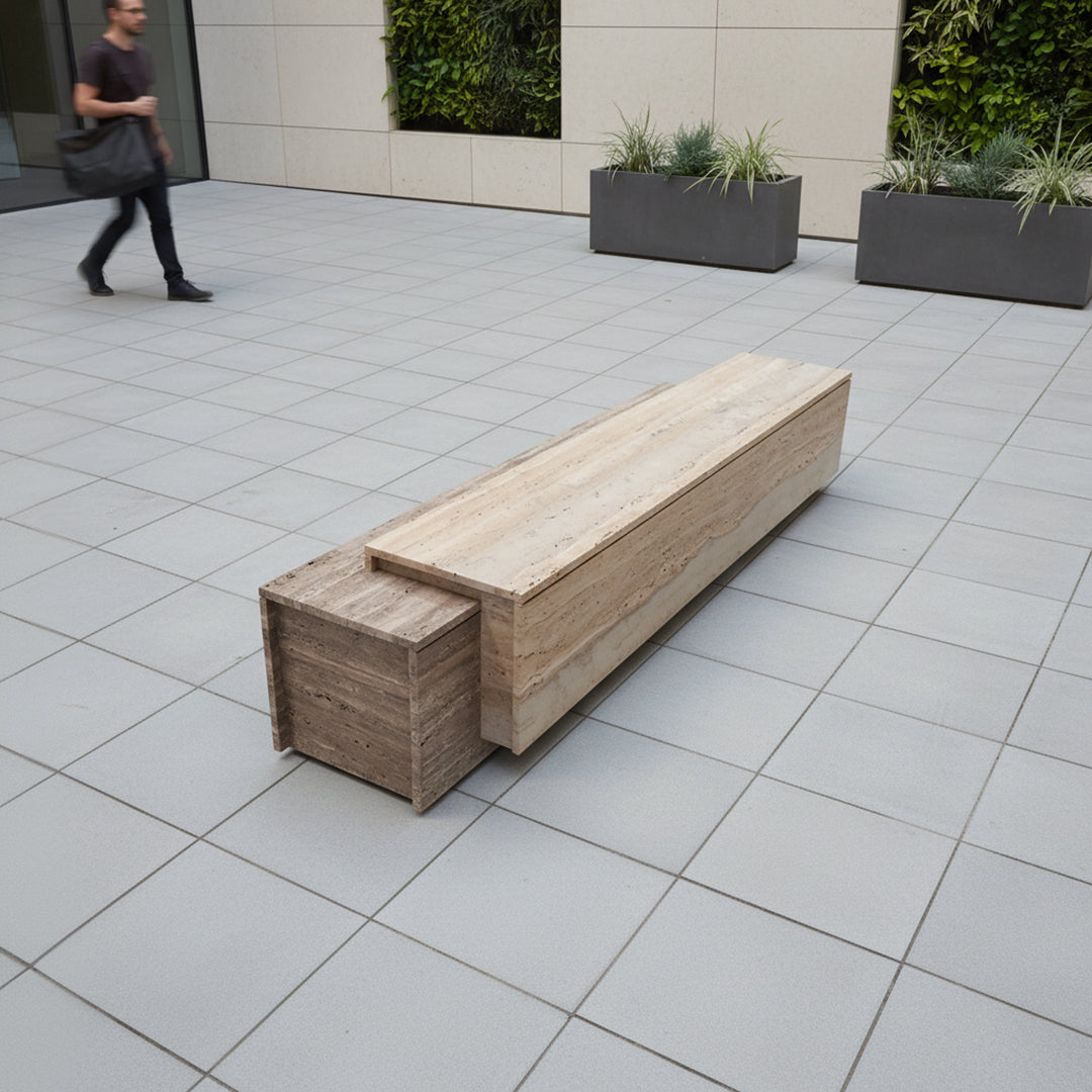 A2STONE Petra Travertine bench and side table with a sleek, natural stone surface and sturdy base, ideal for modern living spaces.