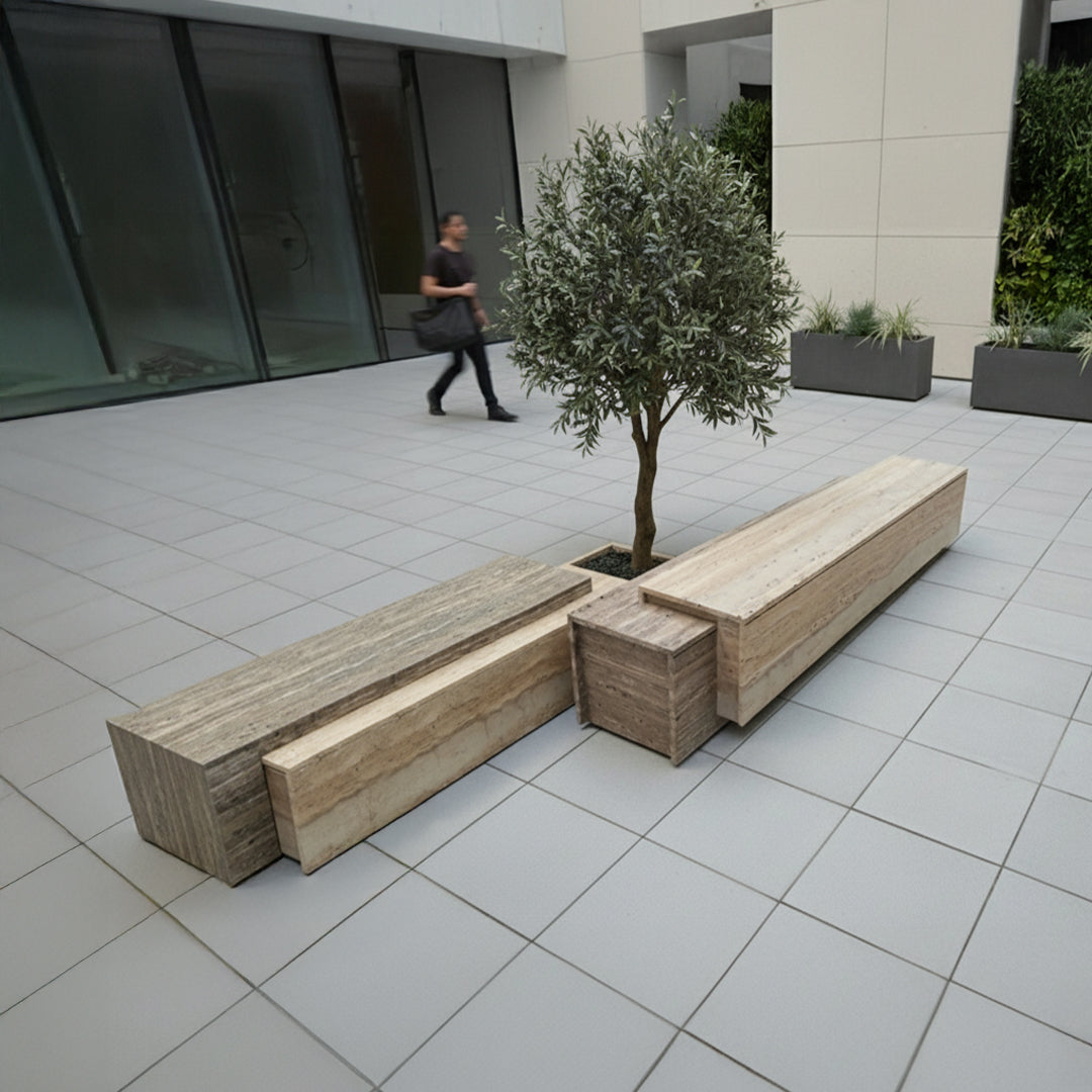 A2STONE Petra Travertine Bench and Side Table, rectangular with natural stone surface and sturdy base, ideal for living spaces.