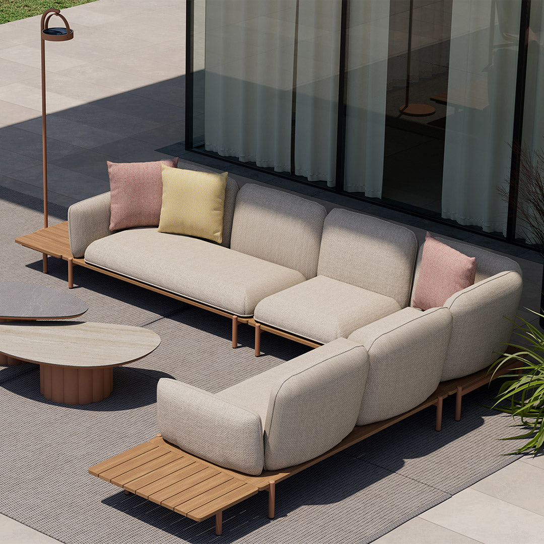 Outdoor 2-seater sofa with left module, beige cushions, aluminum seat rim by BEACON, perfect for outdoor lounging.
