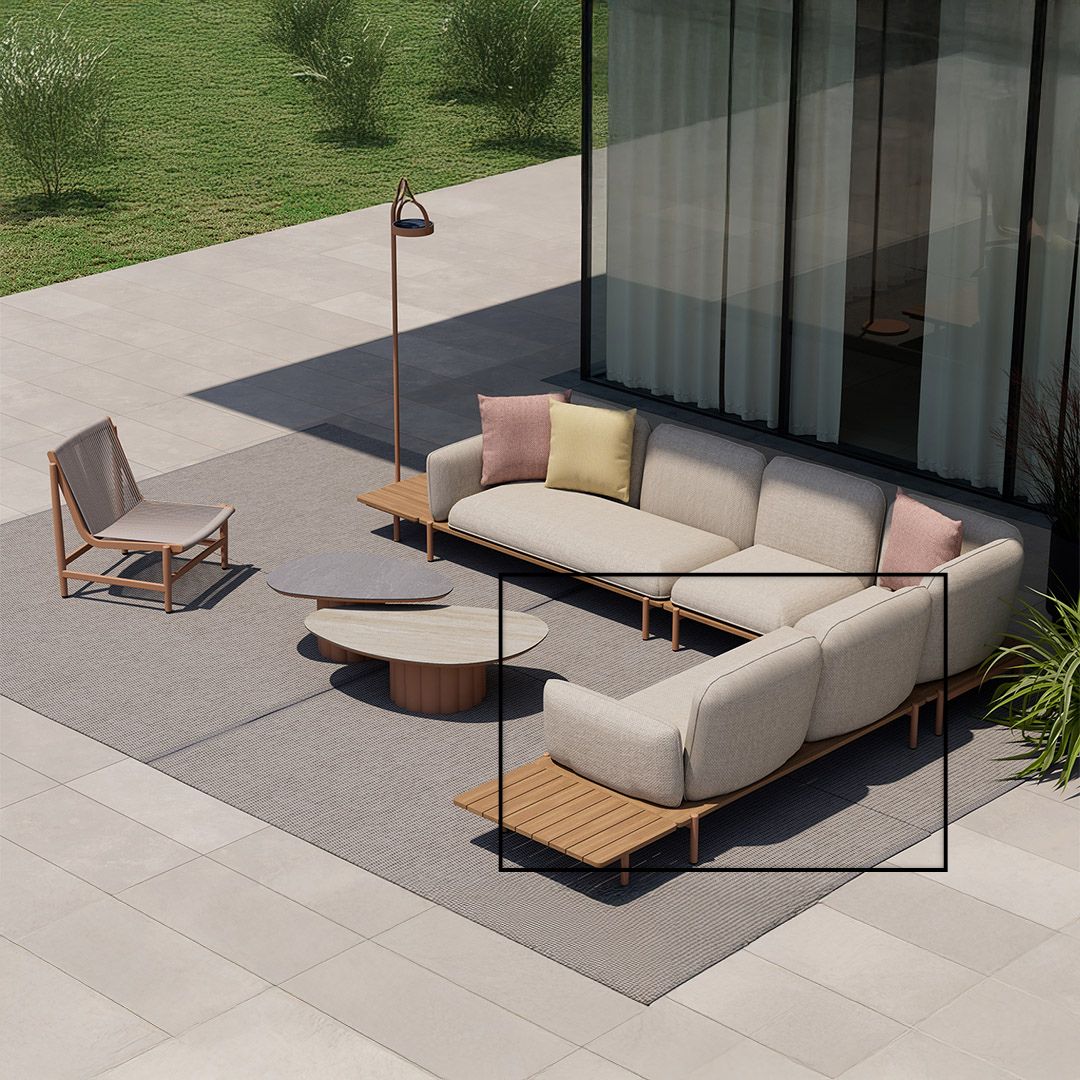 Outdoor 2-seater sofa with left module, beige fabric cushions, aluminum seat rim by BEACON ALMADG KC8804B85TEX.