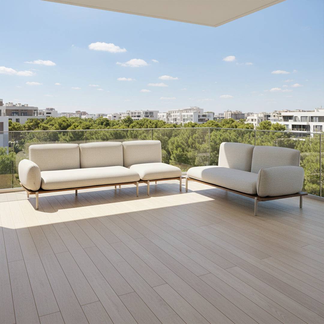 Outdoor 2-seater sofa left module with pillow and aluminum seat rim by BEACON, perfect for stylish outdoor seating.