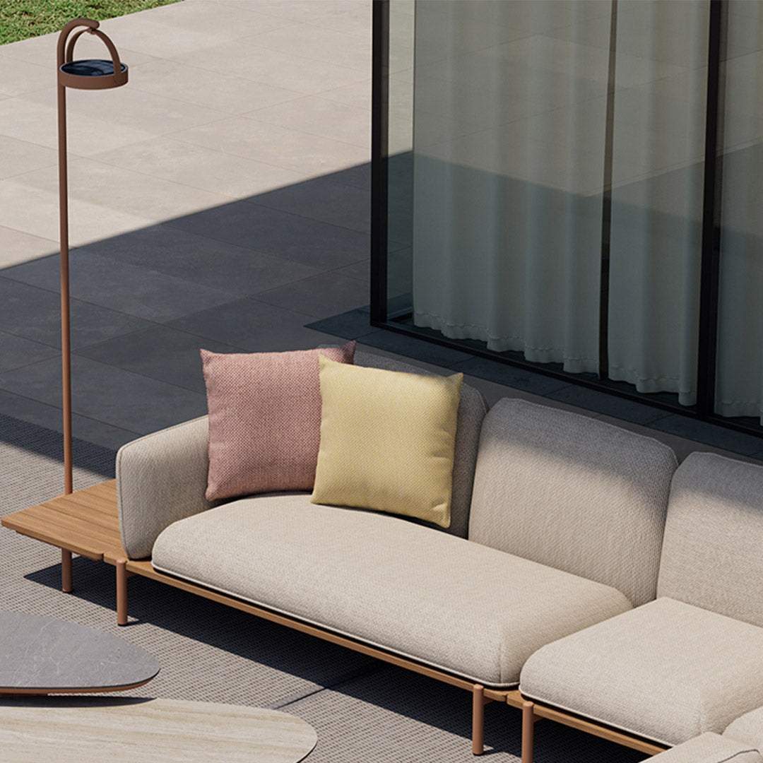 Outdoor 2-seater sofa with right module and aluminum seat rim by BEACON, featuring plush cushions for outdoor comfort.