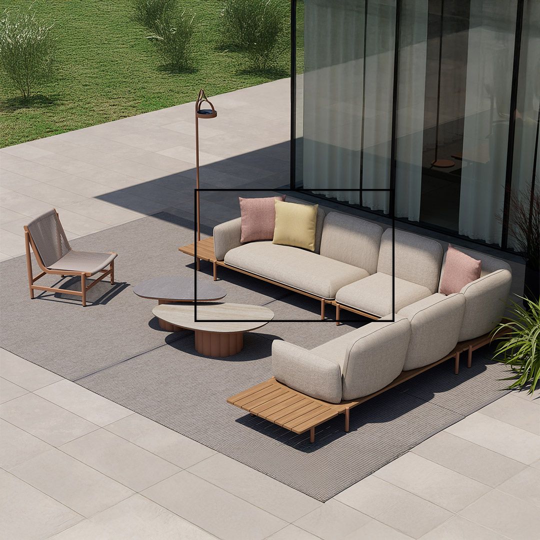 Outdoor BEACON 2-seater sofa with right module, plush cushions, aluminum seat rim, perfect for outdoor lounging.