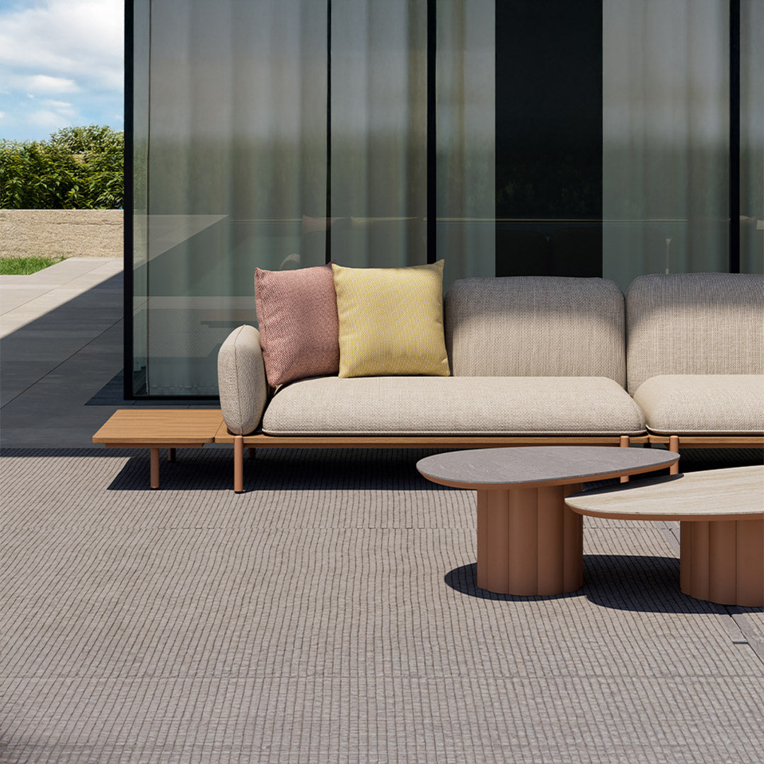 Outdoor BEACON 2-seater sofa right module with aluminum seat rim, plush pillow, and stylish design, ideal for outdoor lounging.