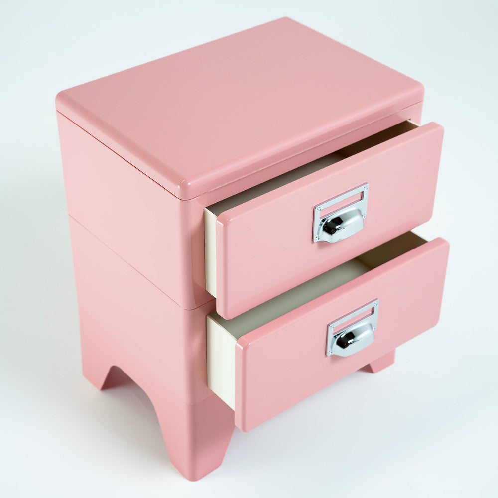 Pink ABS bedside table with a sleek modern design, RUDI BB-017 side table for bedroom or living room use.