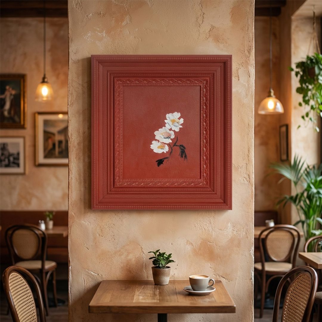 Verticus handmade wall painting in a cafe setting, featuring vibrant colors and artistic details, size 45x50cm by BEACON.