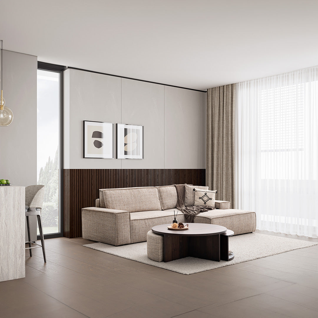 YOL LIVING POLA Relax Sofa in neutral fabric with plush cushions and modern design, perfect for living room comfort.