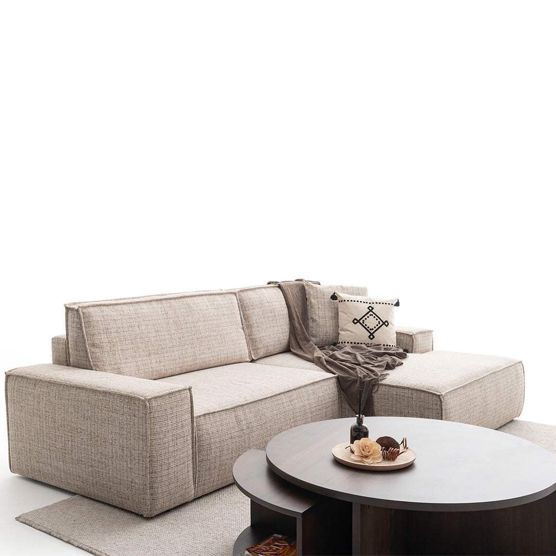 YOL LIVING POLA Relax Sofa in neutral fabric with plush cushions, modern design, and wooden legs.