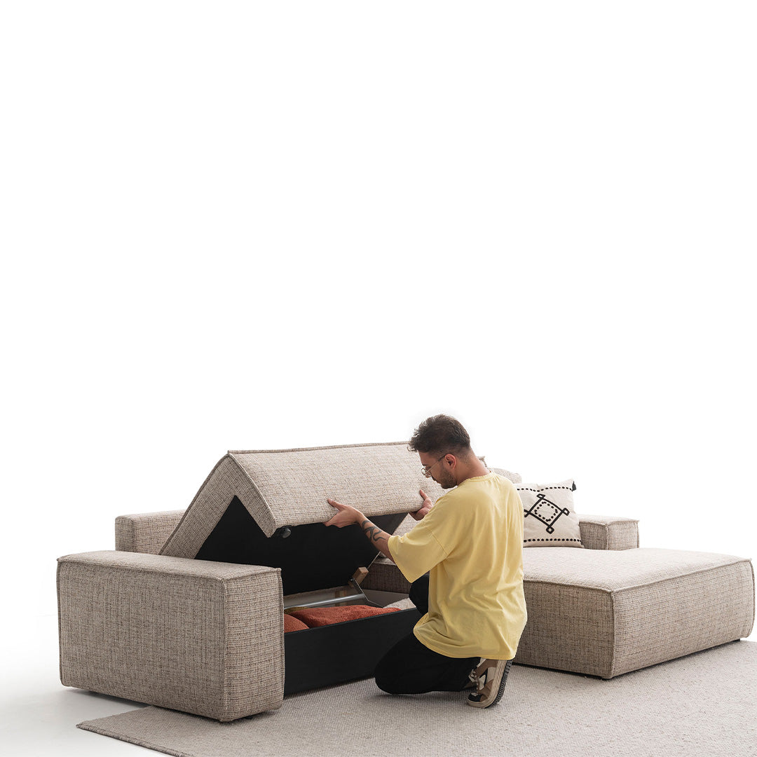 YOL LIVING POLA Relax Sofa in neutral fabric with plush cushions, modern design, and wooden legs.