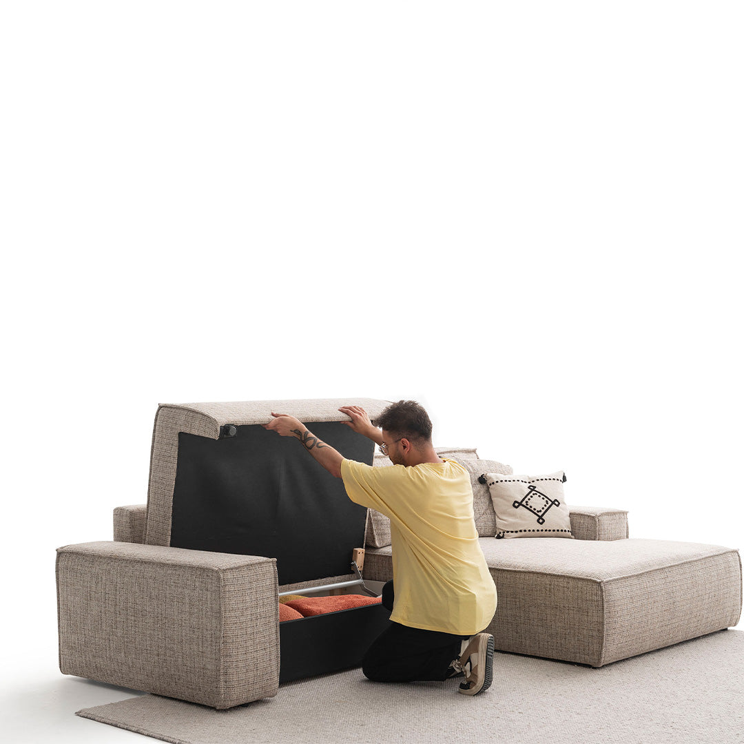 YOL LIVING POLA Relax Sofa with plush cushions and modern design, upholstered in light fabric, ideal for living room comfort.