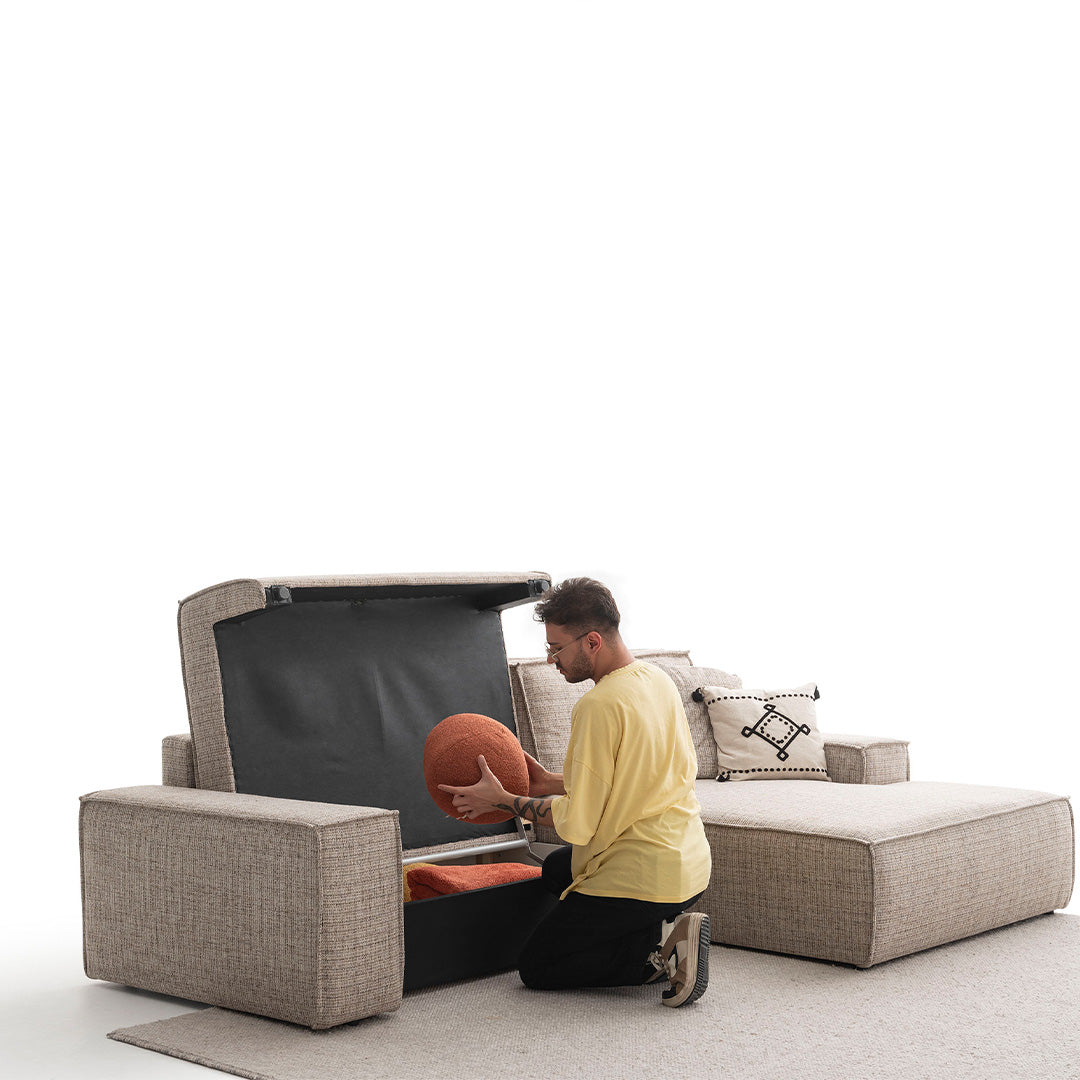 YOL LIVING POLA Relax sofa with plush cushions and modern design, featuring a neutral fabric upholstery and sleek wooden legs.