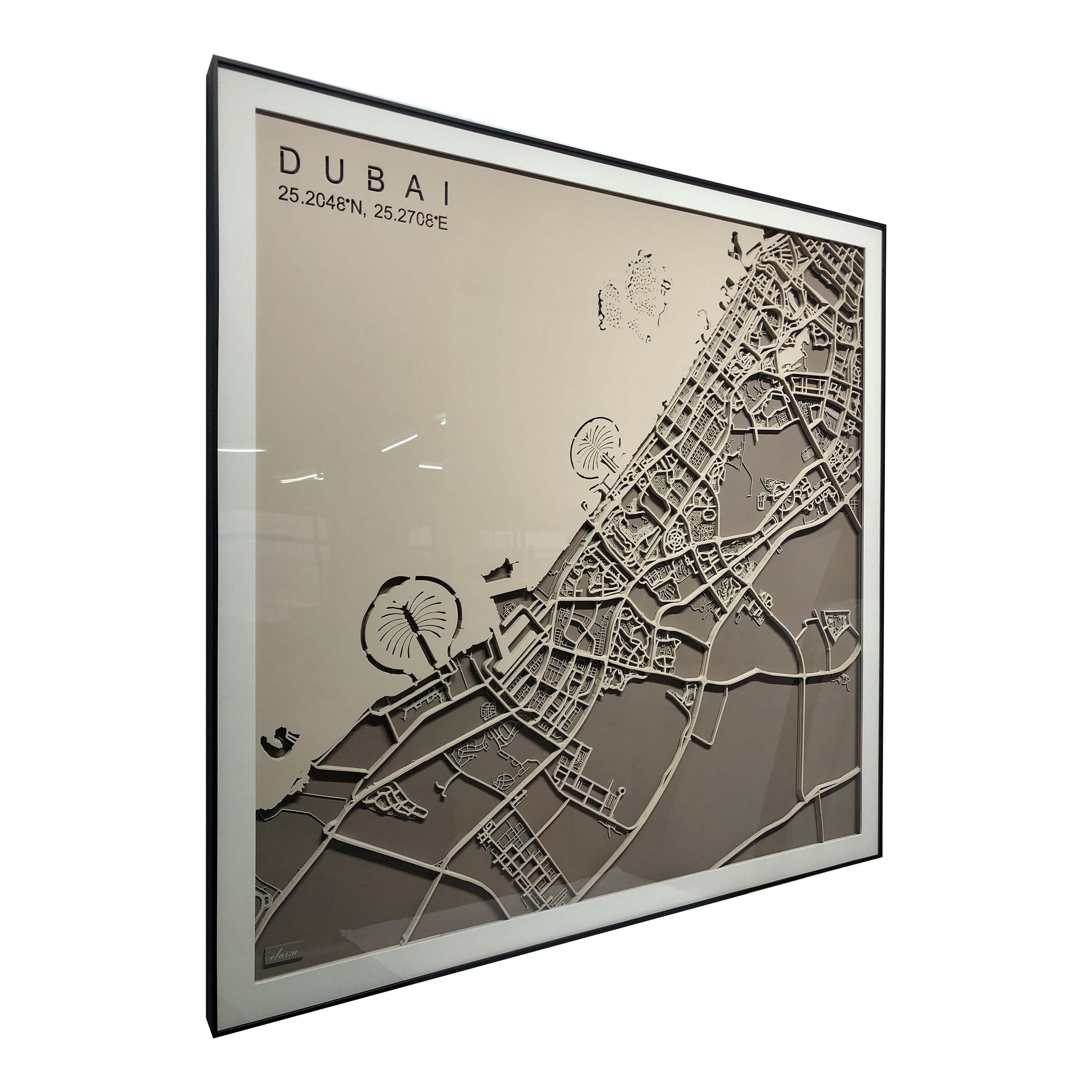 Handmade Dubai map painting by BEACON, 120x120 cm, detailed cityscape artwork in vibrant colors.