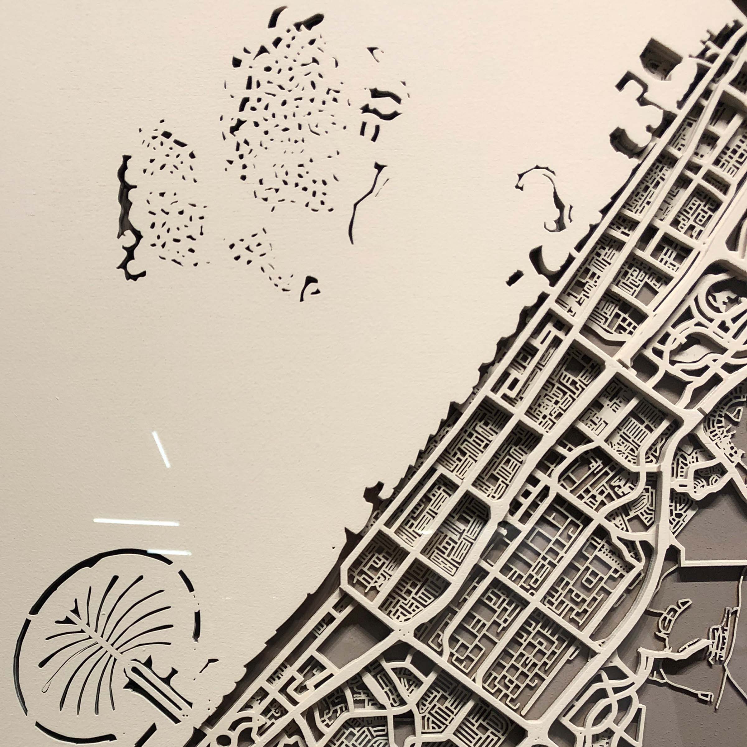 Handmade Dubai map painting by BEACON, 120x120 cm, detailed cityscape artwork, pre-order with 90 days delivery.