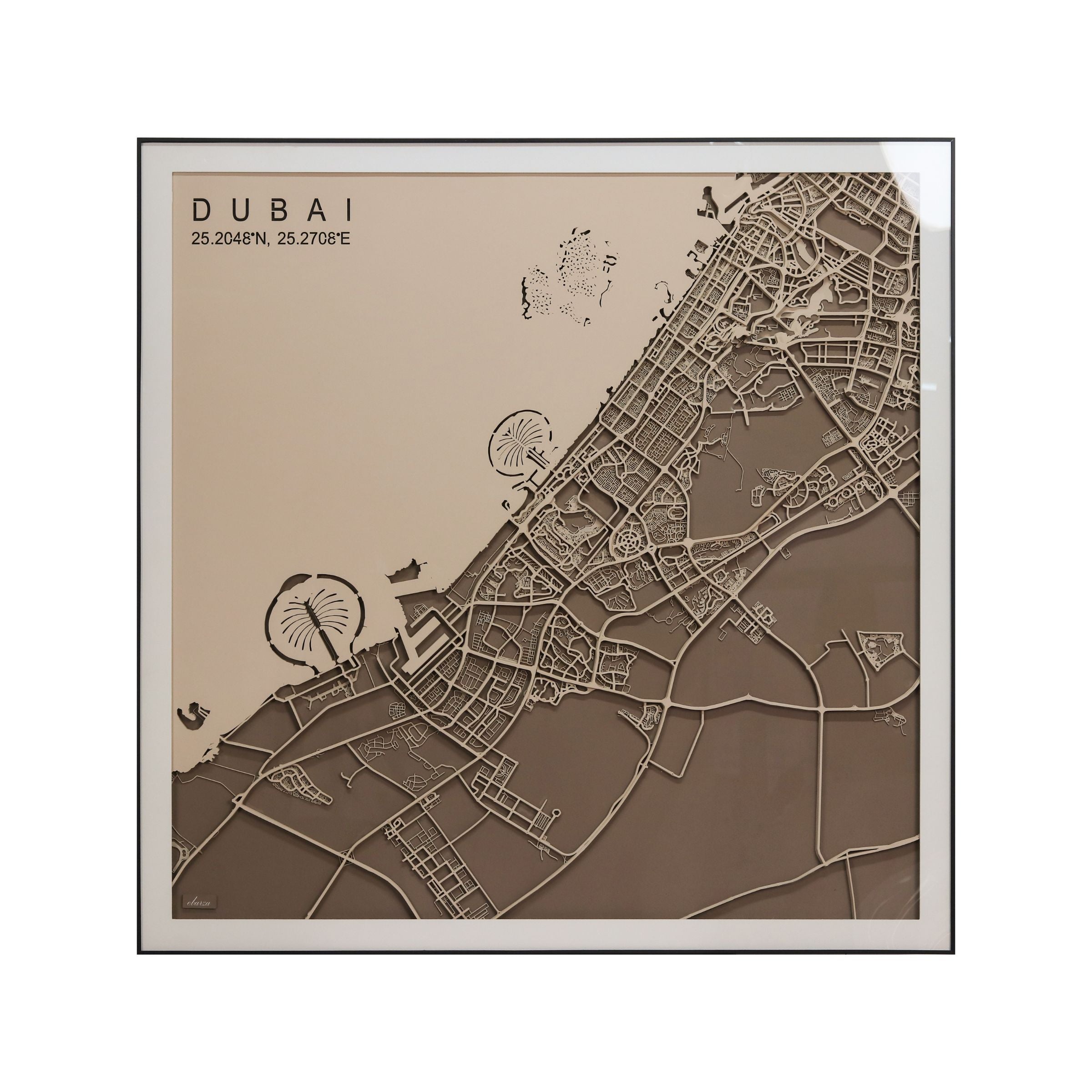 Handmade Dubai map painting by BEACON, 120x120 cm, detailed cityscape artwork on canvas.