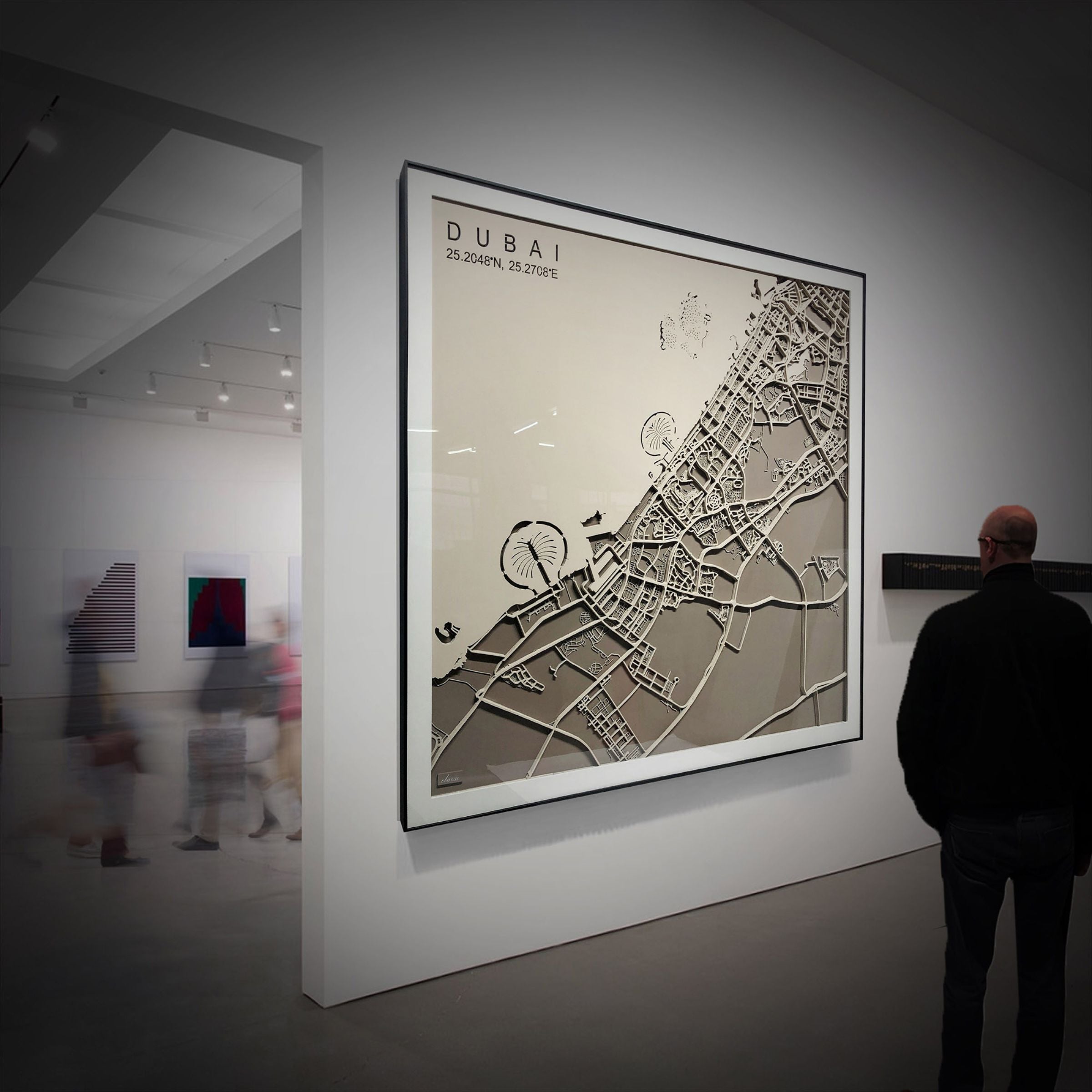Handmade Dubai map painting by BEACON, 120x120 cm, detailed cityscape art on canvas, pre-order with 90-day delivery.