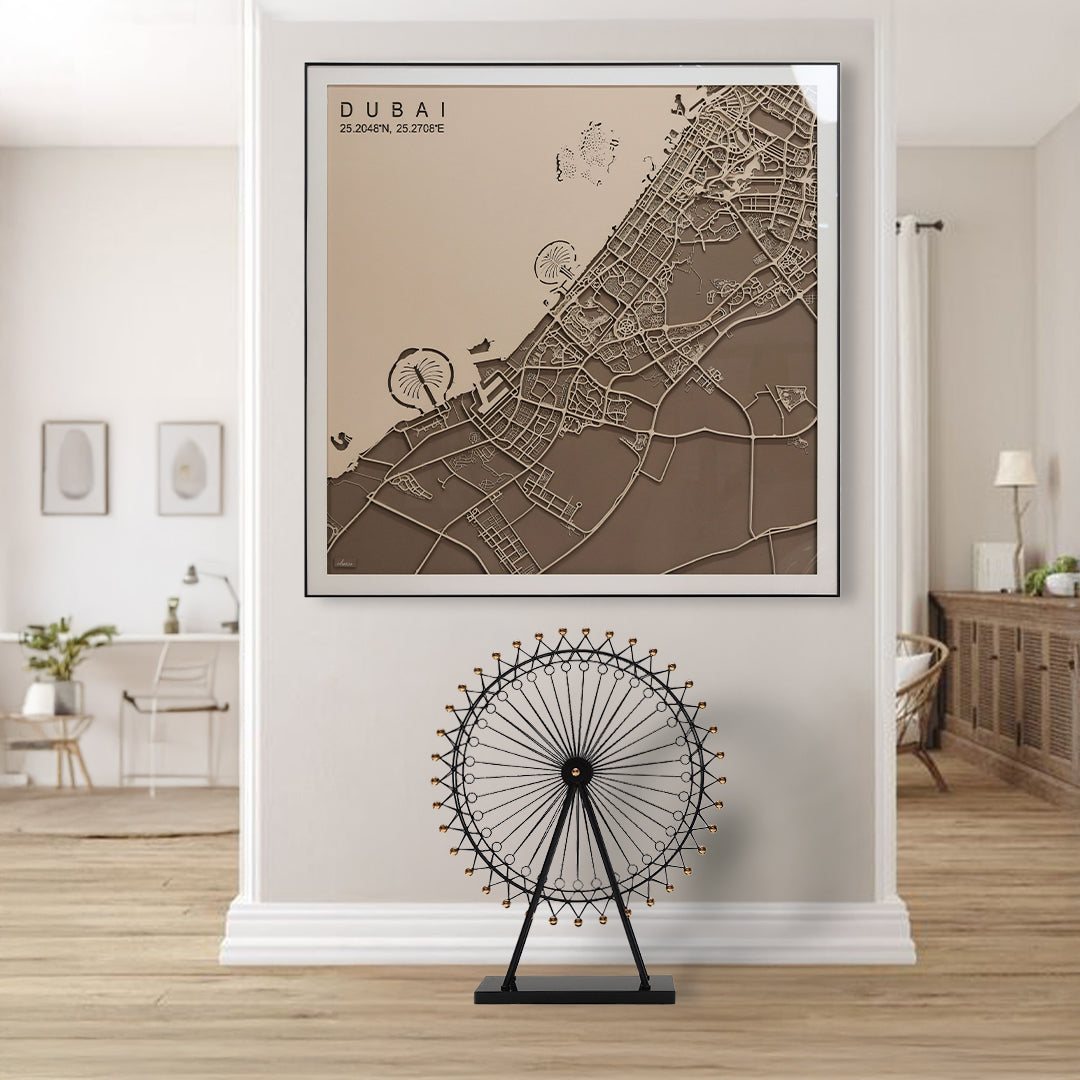Handmade Dubai map painting by BEACON, 120x120 cm, detailed cityscape artwork on canvas.