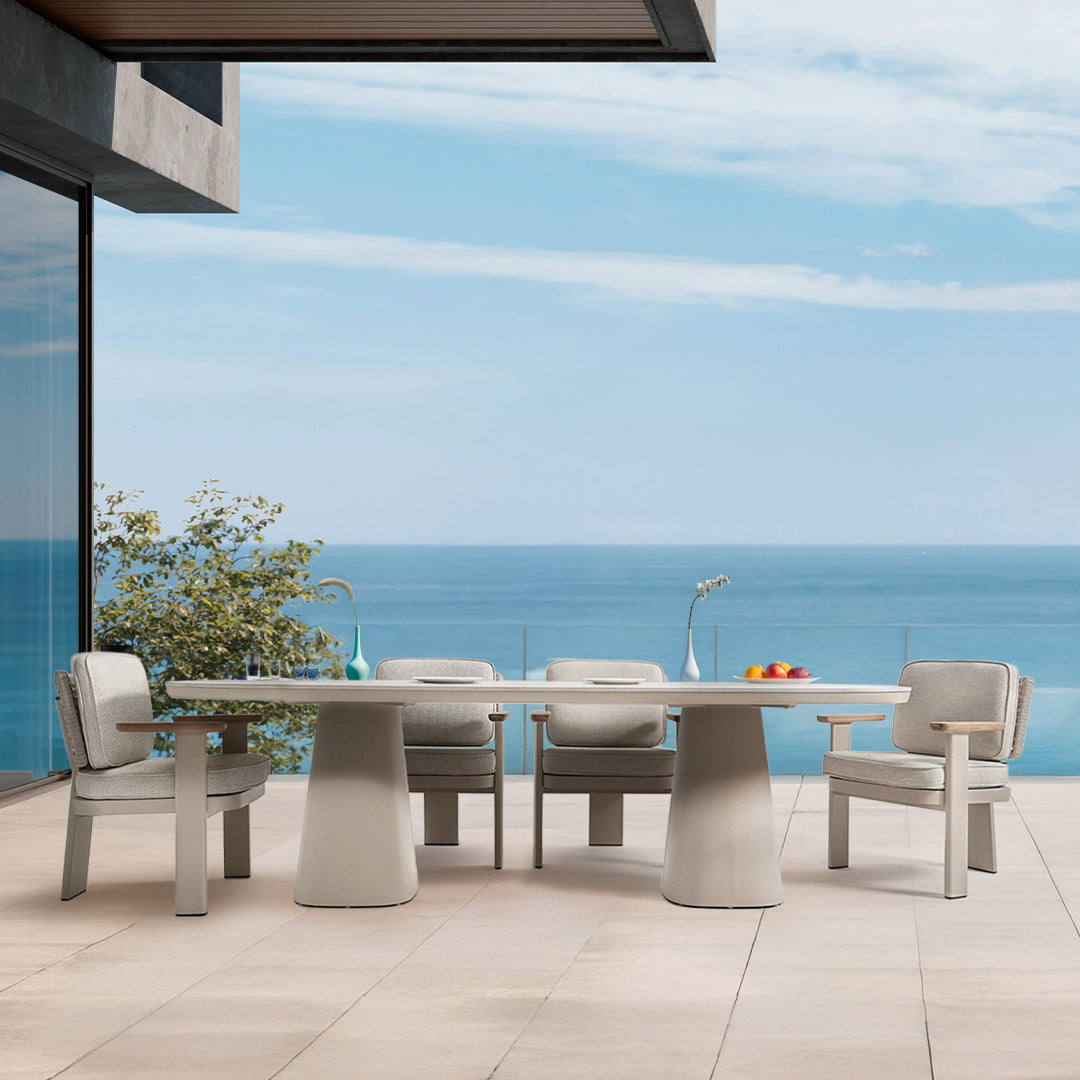 BEACON outdoor dining armchair with a sturdy block design, pre-order available for 85 days delivery, model KC8609N04ROP.