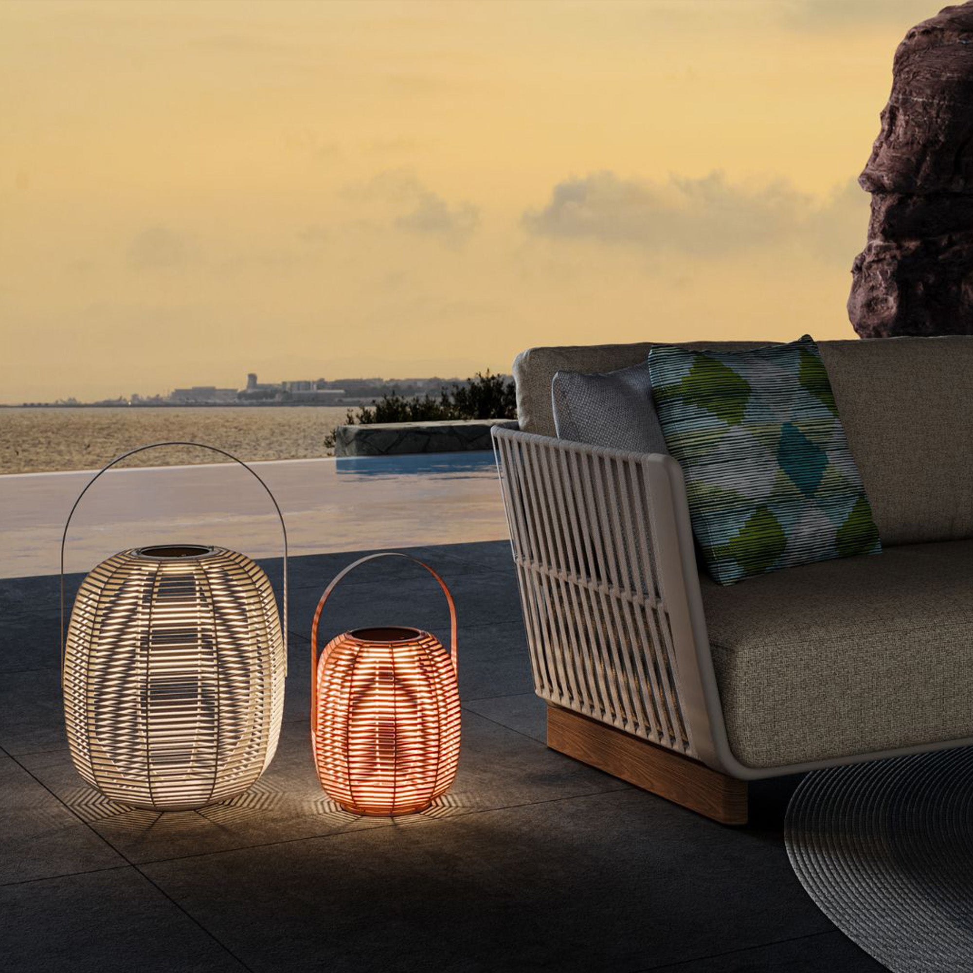 Outdoor solar lamp with beige rope, 39x60cm, from BEACON Smart Outdoors collection, featuring modern design and durable construction.