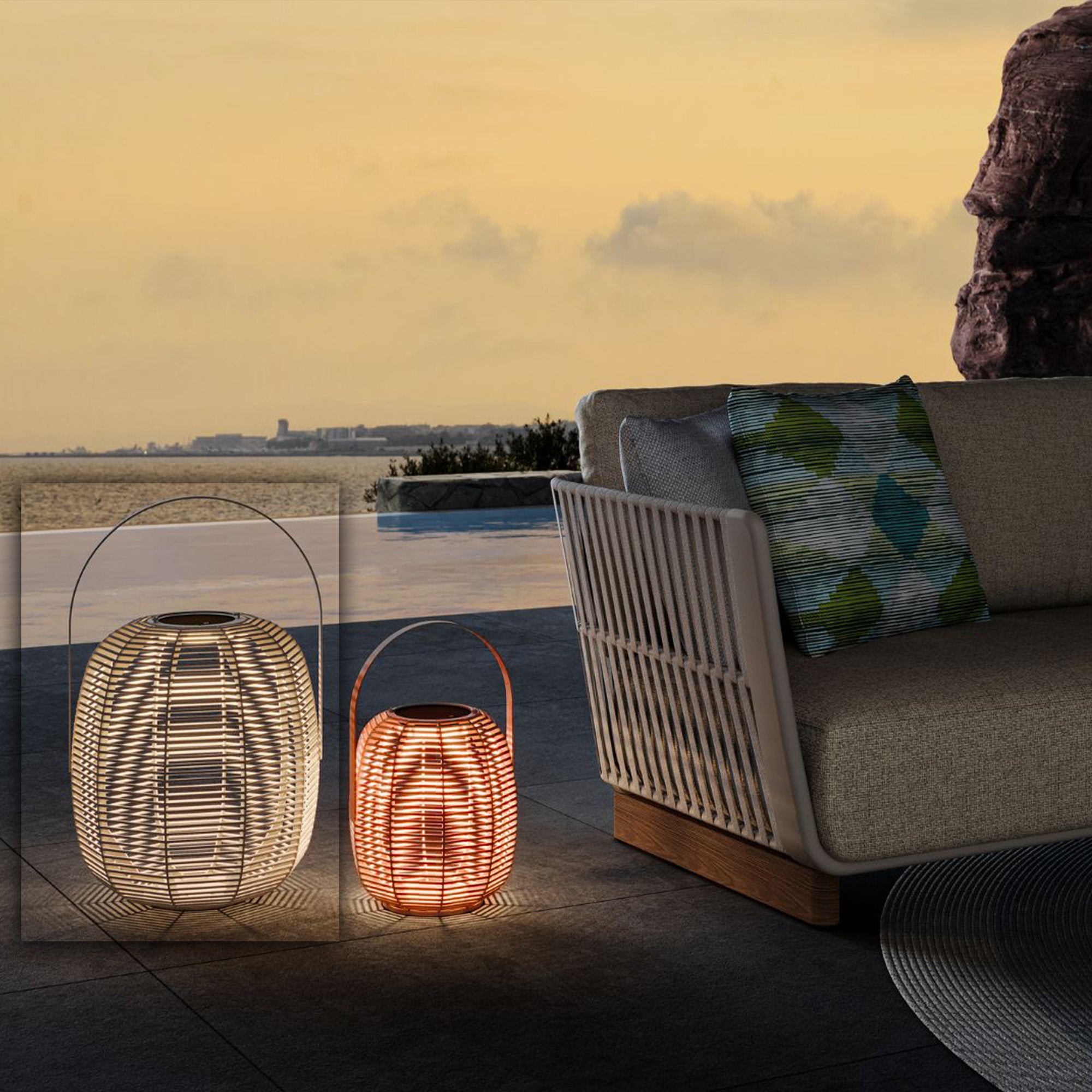 Outdoor solar lamp with beige rope, 39x60cm, from BEACON Smart Outdoors collection, designed for garden or patio lighting.